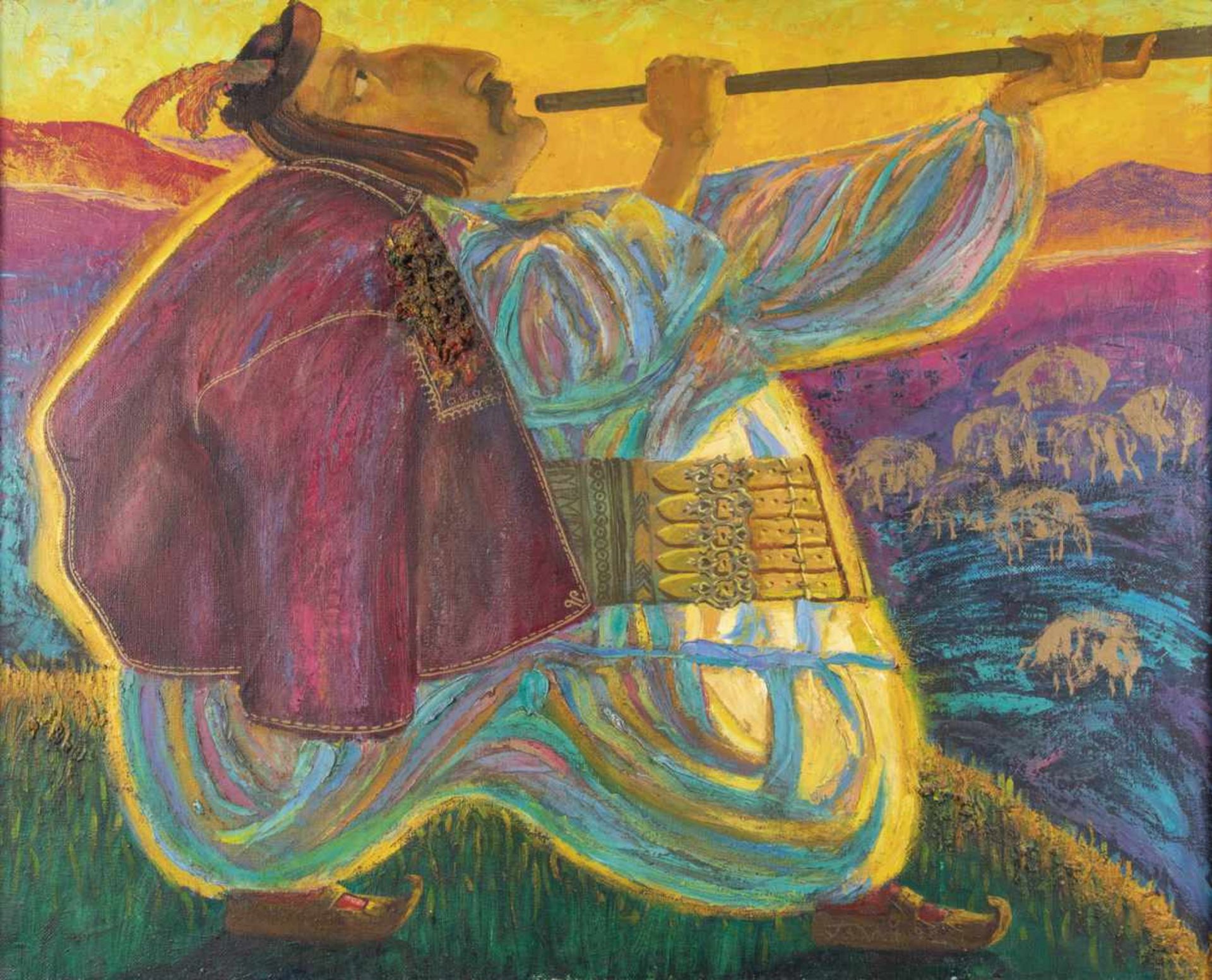 Igor Galan. 1964 Kiev / Ukraine. Shepherd playing the flute. Oil on canvas. Versoinscribed in
