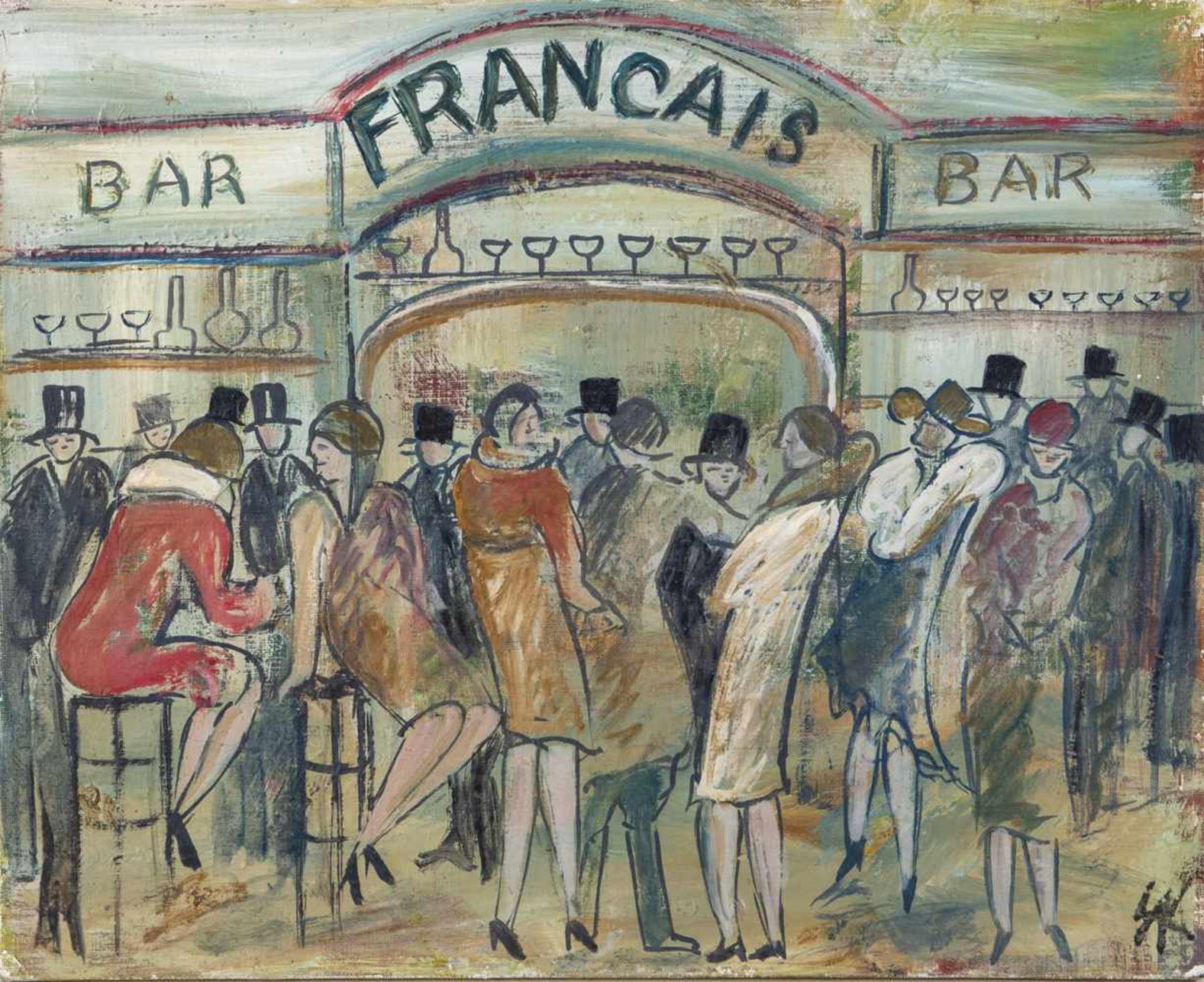Lou Albert-Lasard. 1885 Metz - 1969 Paris. Bar Francais. Oil on canvas on cardboard.Monogrammed