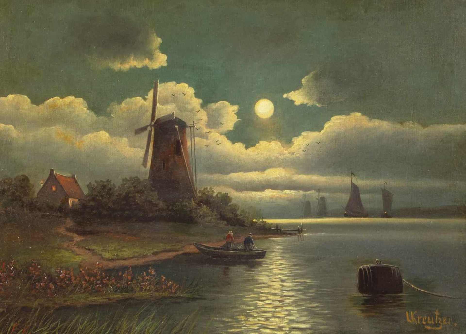 L. Kreutzer. 19th./20th. century. River landscape with mill by moonlight. Oil on canvas,fabric