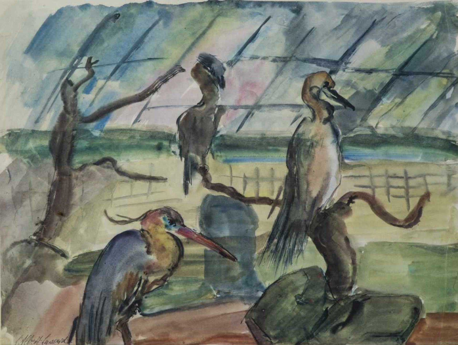 Lou Albert-Lasard. 1885 Metz - 1969 Paris. Aviary with three birds. Mixed media on paper.Signed