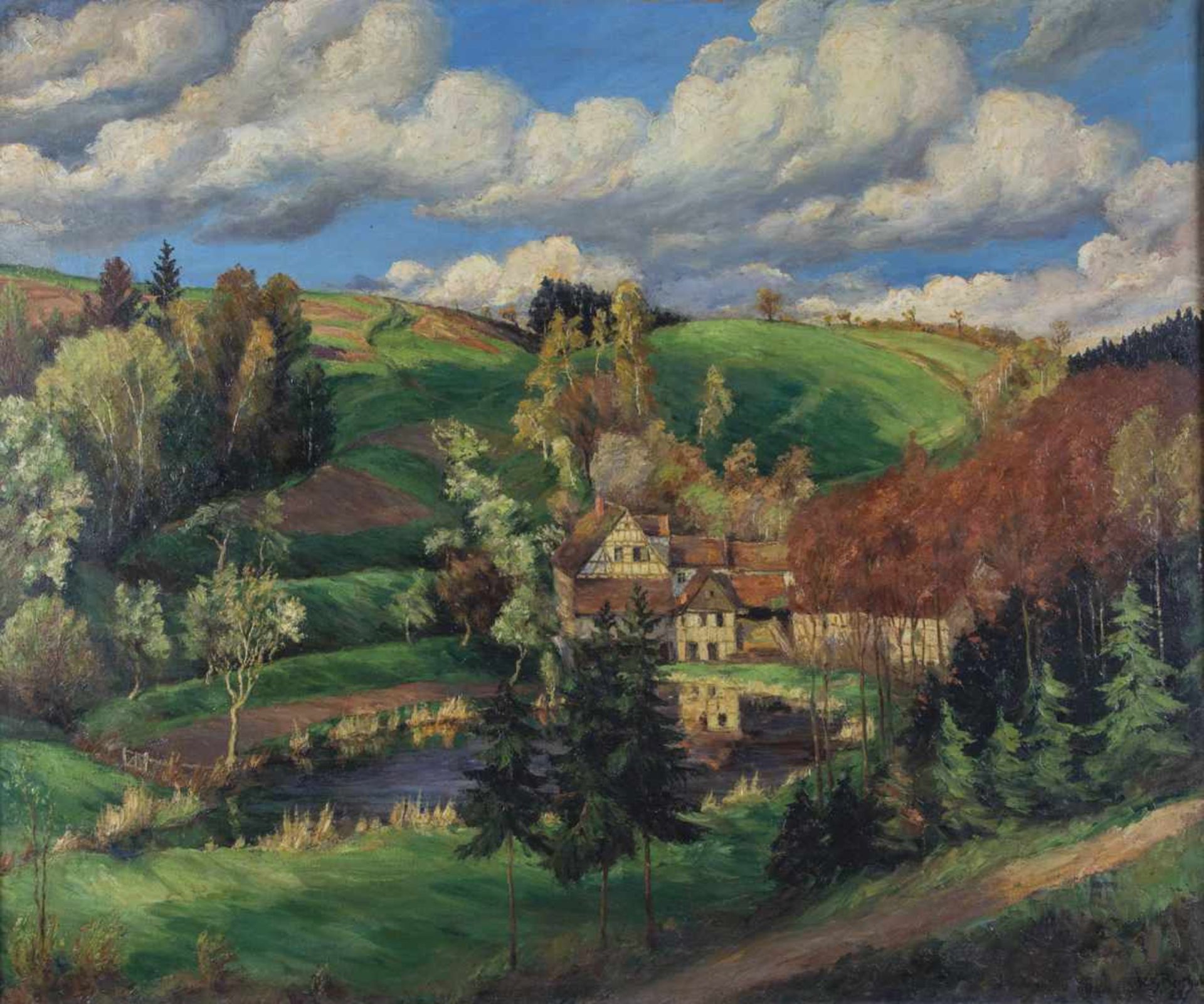 Willy Berthold. 1884 Eisenberg - 1941 ibid. Thuringian landscape with homestead. Oil oncanvas.