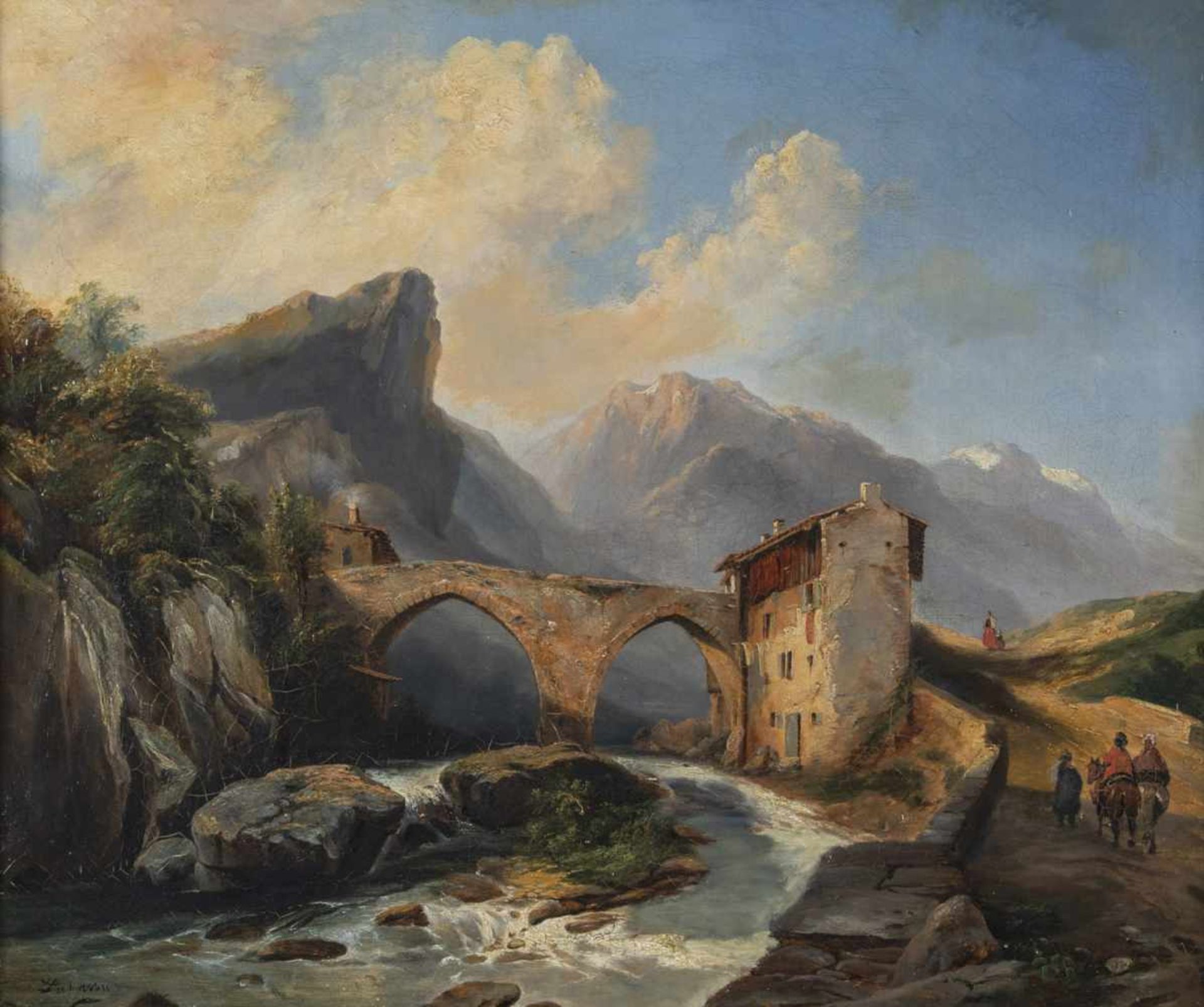 Ernest Laynaud (Attrib.). 1841-1928 France. Bridge in an alpine landscape. Oil on canvas,relined.