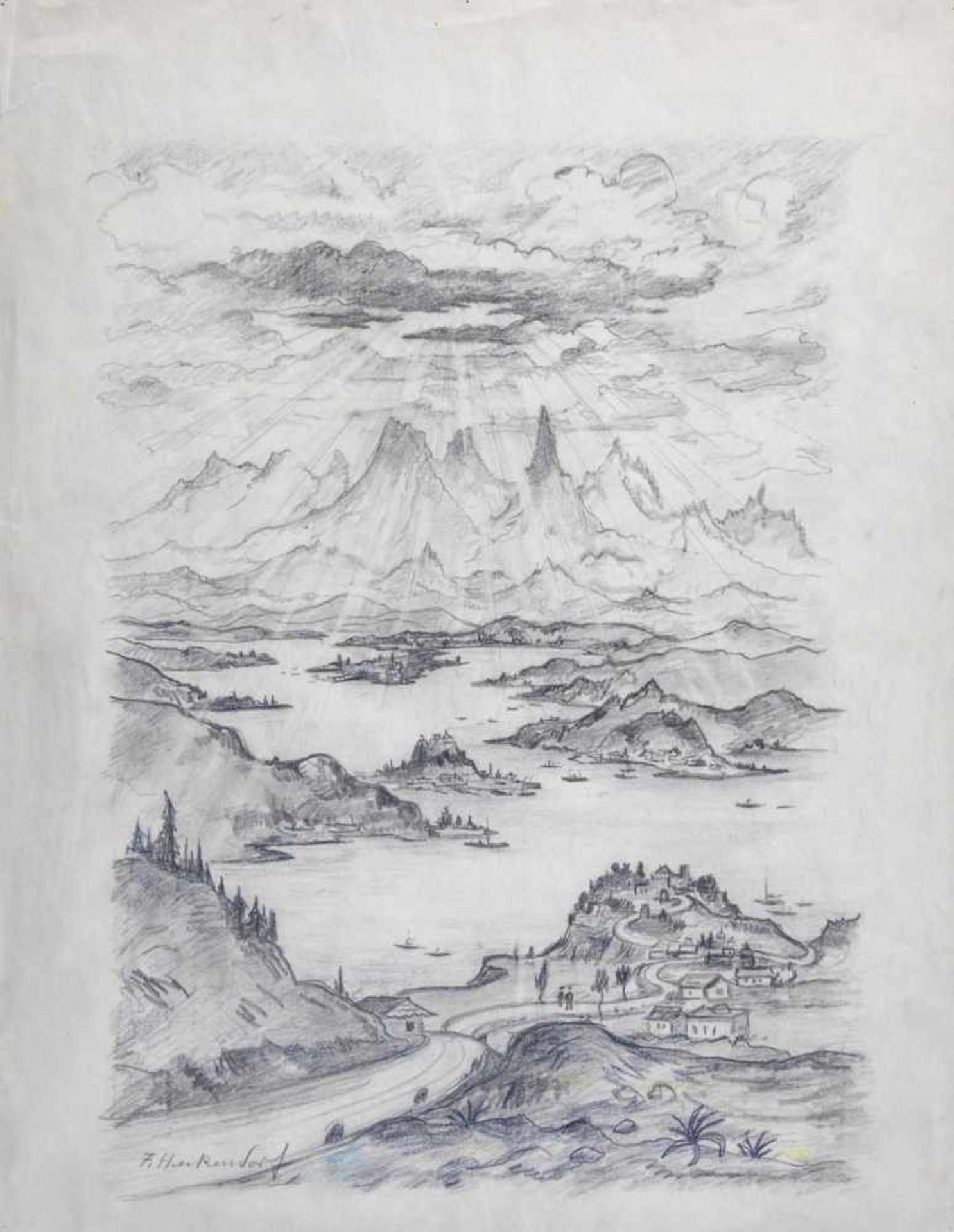Franz Heckendorf. 1888 Berlin - 1962 Munich. Seascape with a mountain panorama. Pencil onpaper.