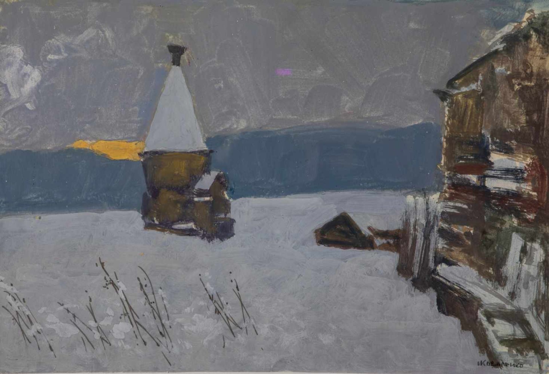Ivan Kovalenko. 1918 Moscow. Potsch Osero: At Lake Osero in Karelia. Gouache on paper.Signed in
