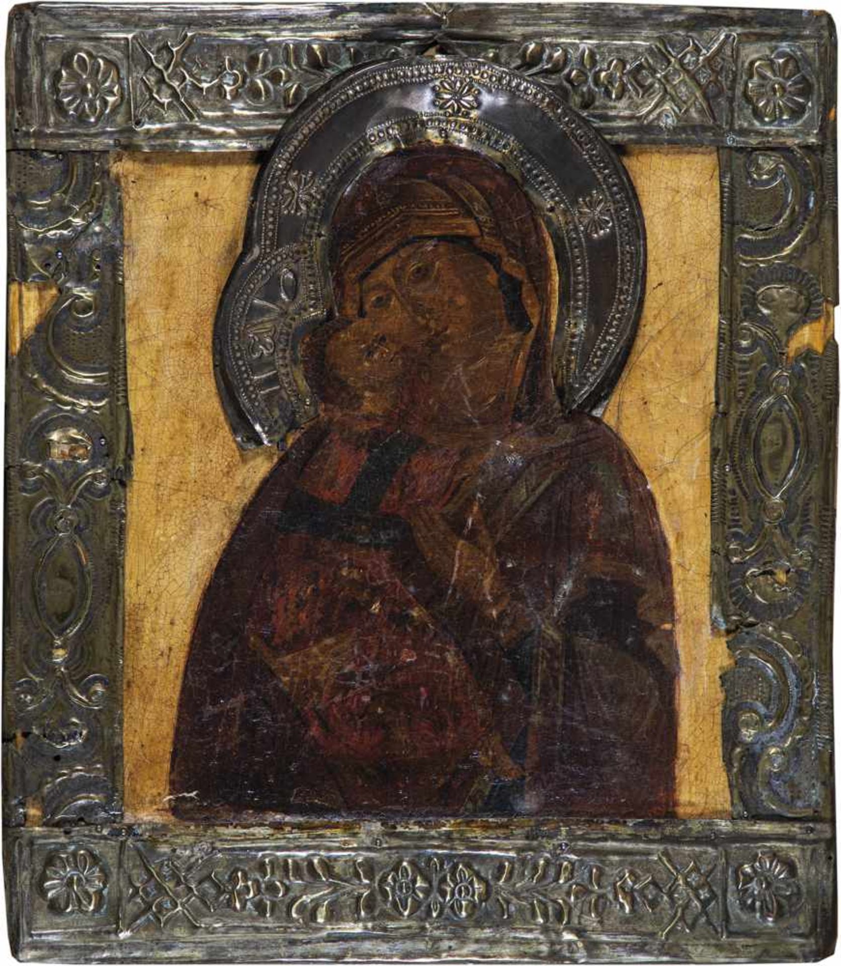 The Wladimirskaya Mother of God with brass riza. Russia, circa 1800. Tempera on gesso onwood panel