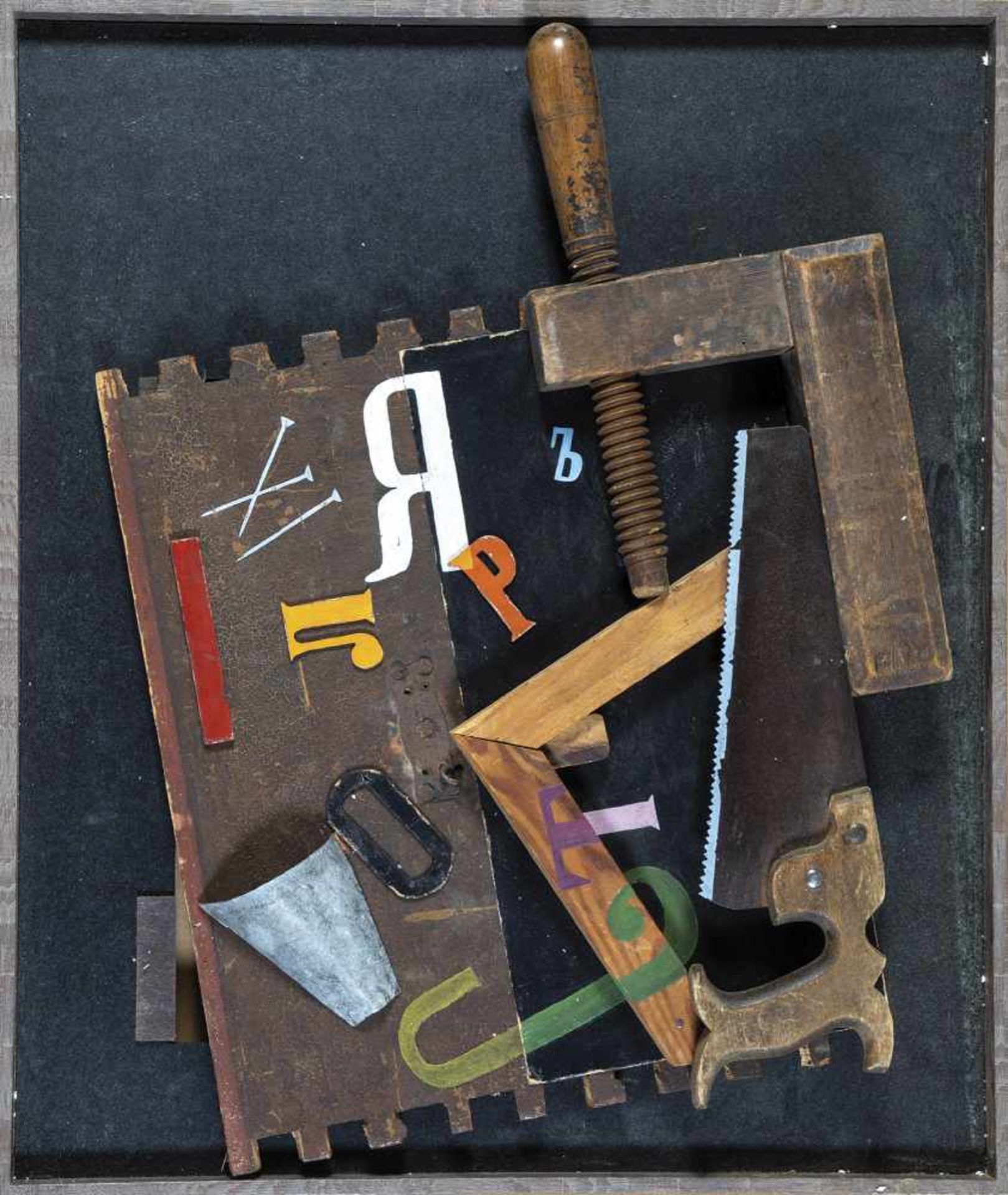 Collage. In the manner of Jean Pougny (Ivan Puni, 1894-1956). Assemblage of painted wood,metal. 64 x