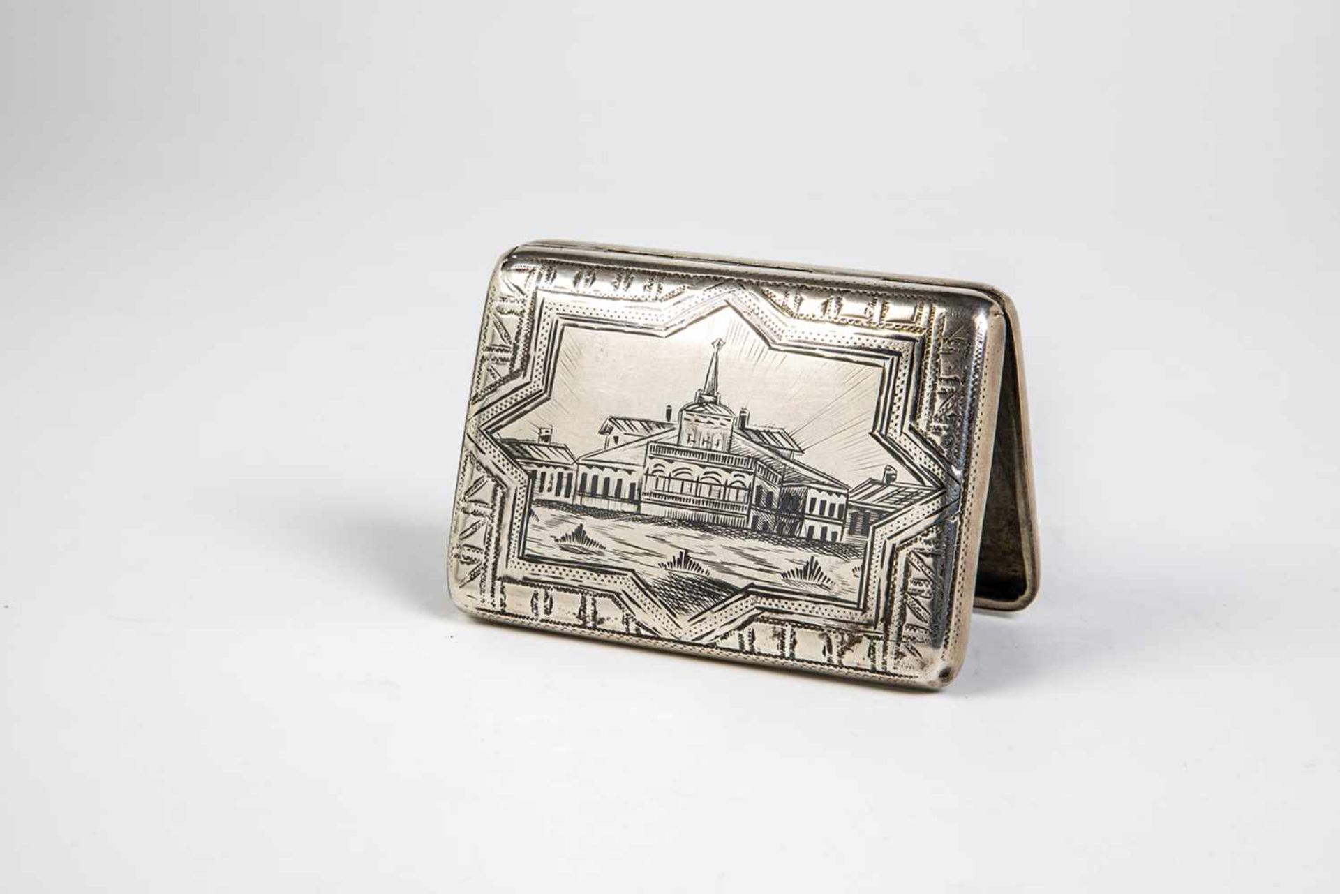 A silver and niello cigarette case with architectual view. Russia, Moscow, Nikolai Ivanov,1896. Both