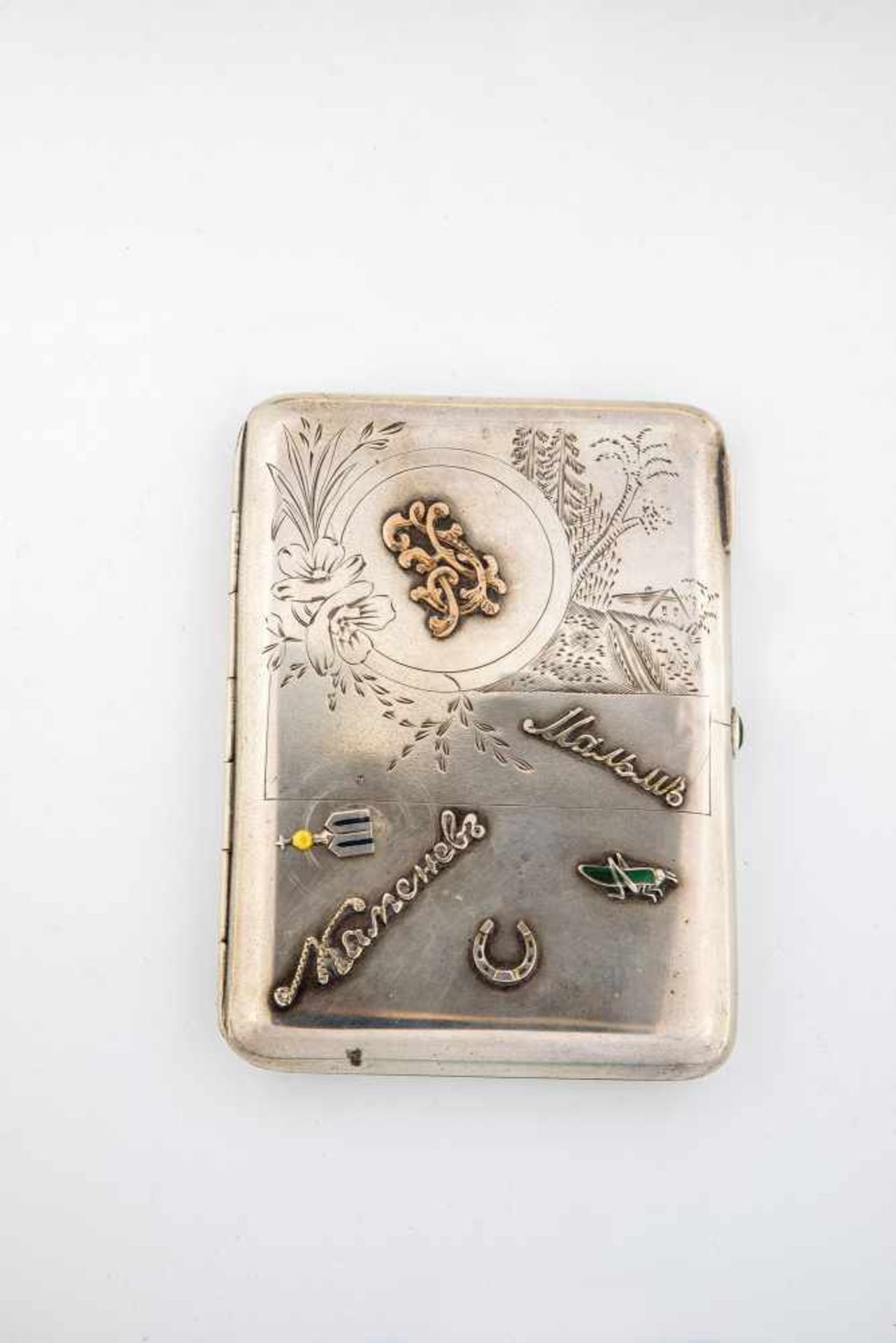 A silver partial-gilt cigarette case with monograms and souvenirs. Russia, Moscow, IvanProkofiev,