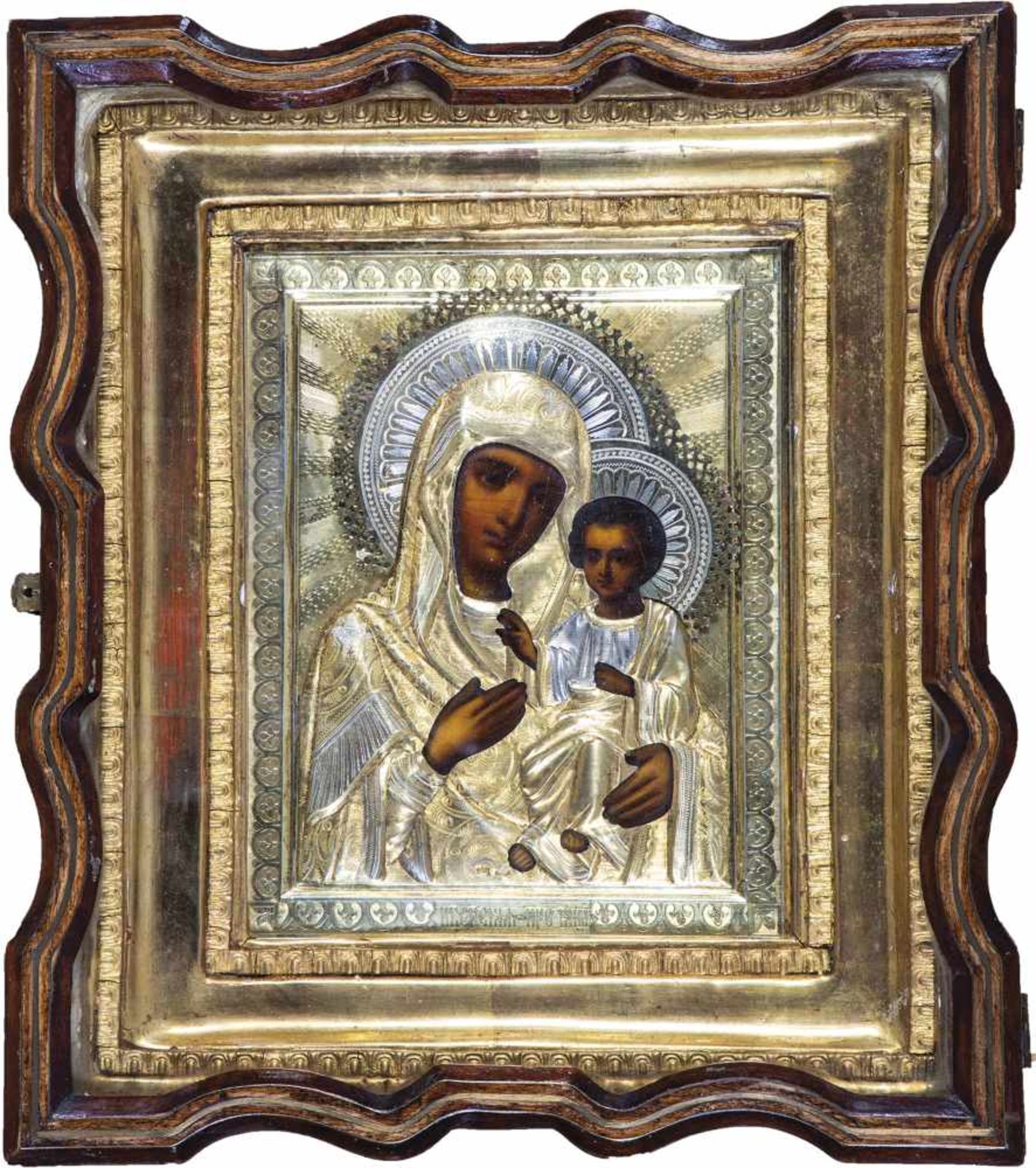 The Iverskaya Mother of God with silver-gilt oklad and kiot. Russia, circa 1900 (icon),1896-1908 (