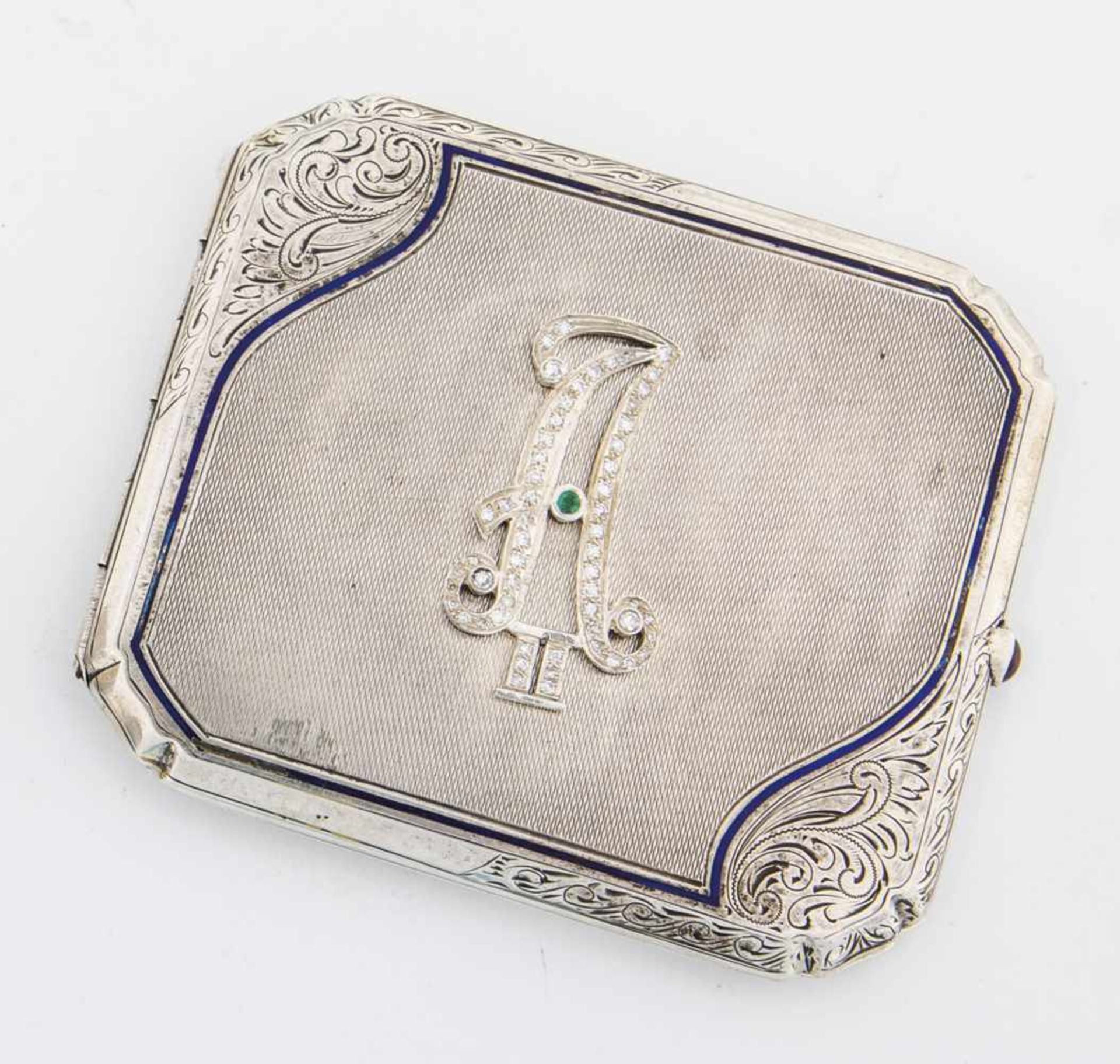 A silver cigarette case with monogramm Alexander II. 20th century. Gilt interior. Bothsides with