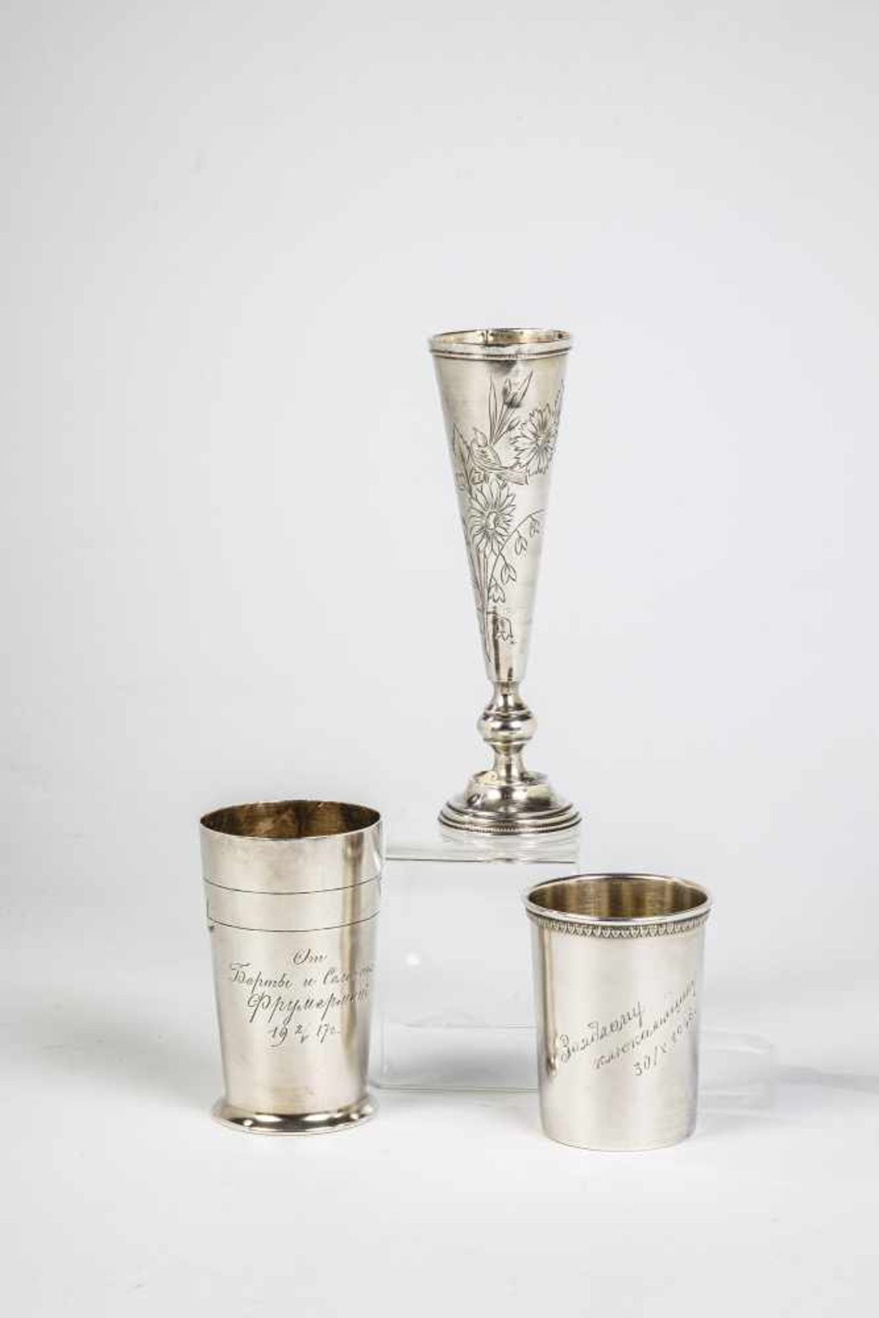 Two silver beaker and one flute. Russia, Moscow, 1896-1908/1917 (two) / Soviet Union, 1946(one). All