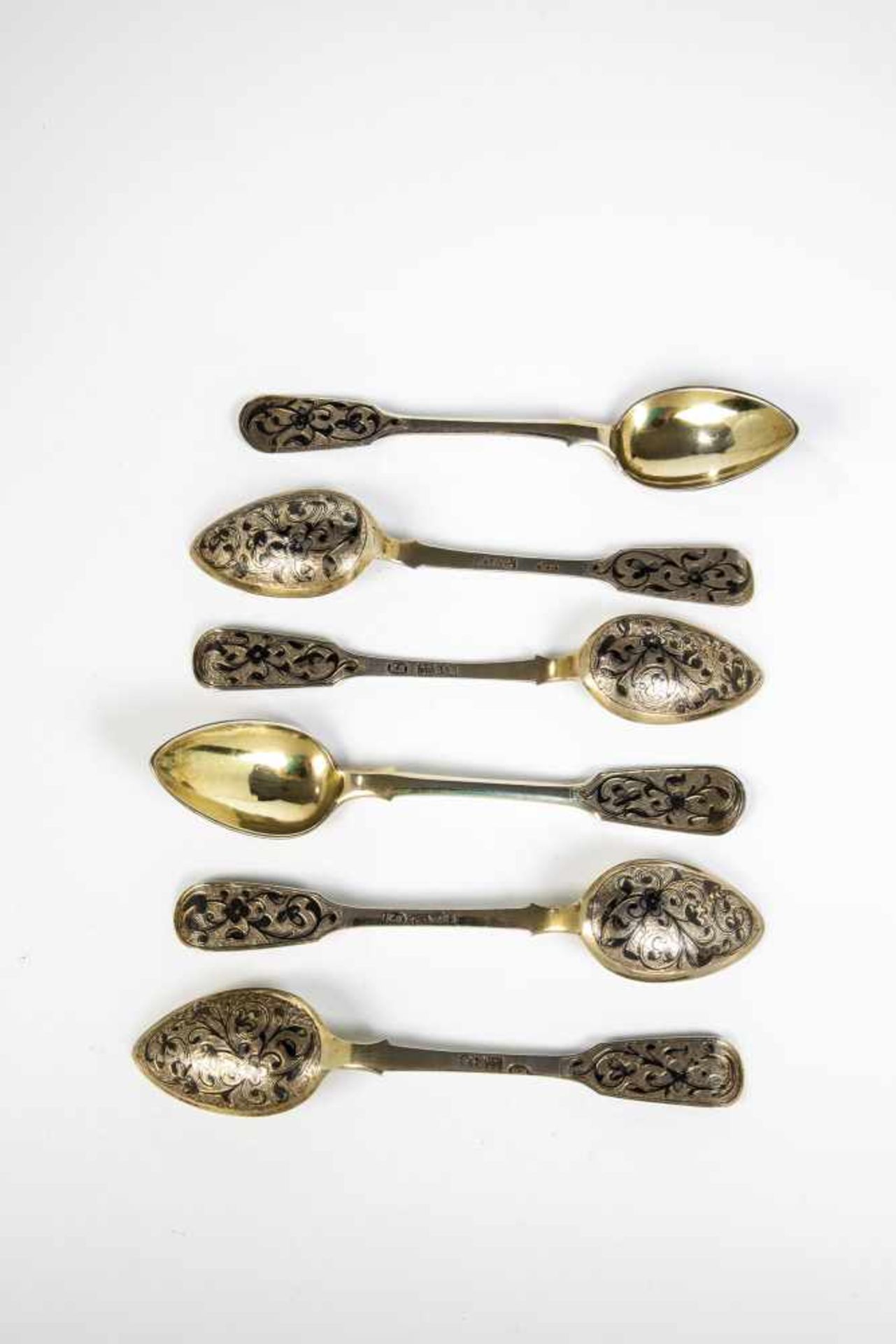 Six gilded-silver and niello spoons. Russia, Moscow, 1861. Stamped allmark, 84-standard,assayer's