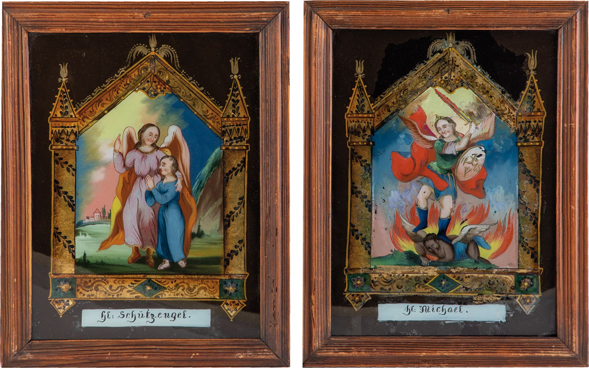 Paar Hinterglasbilder: Schutzengel und Hl. Michael