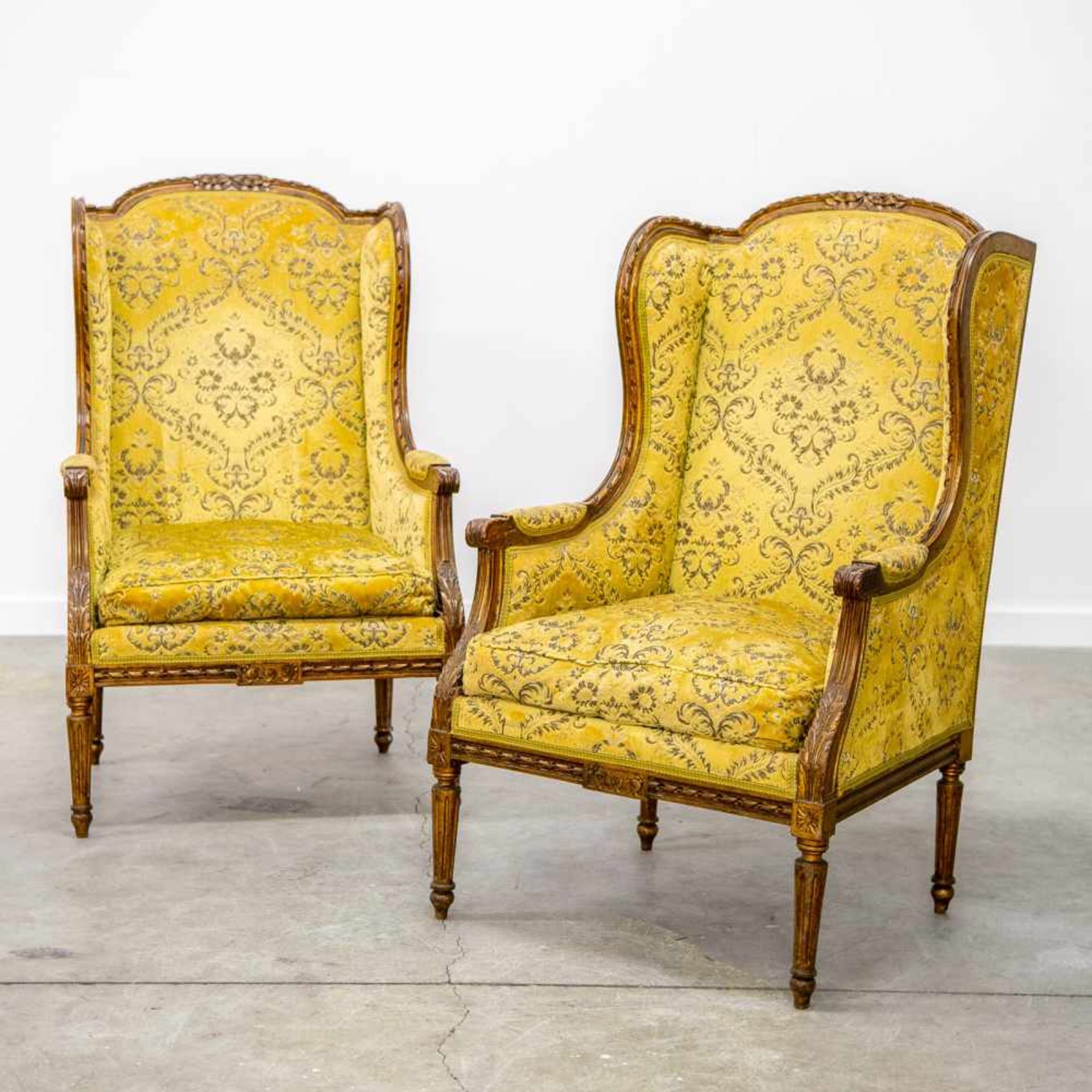 Pair of armchairs with yellow fabric, made in a Louis XVI style, 1920's. Length: 65 cm , Width: 56 - Bild 5 aus 5