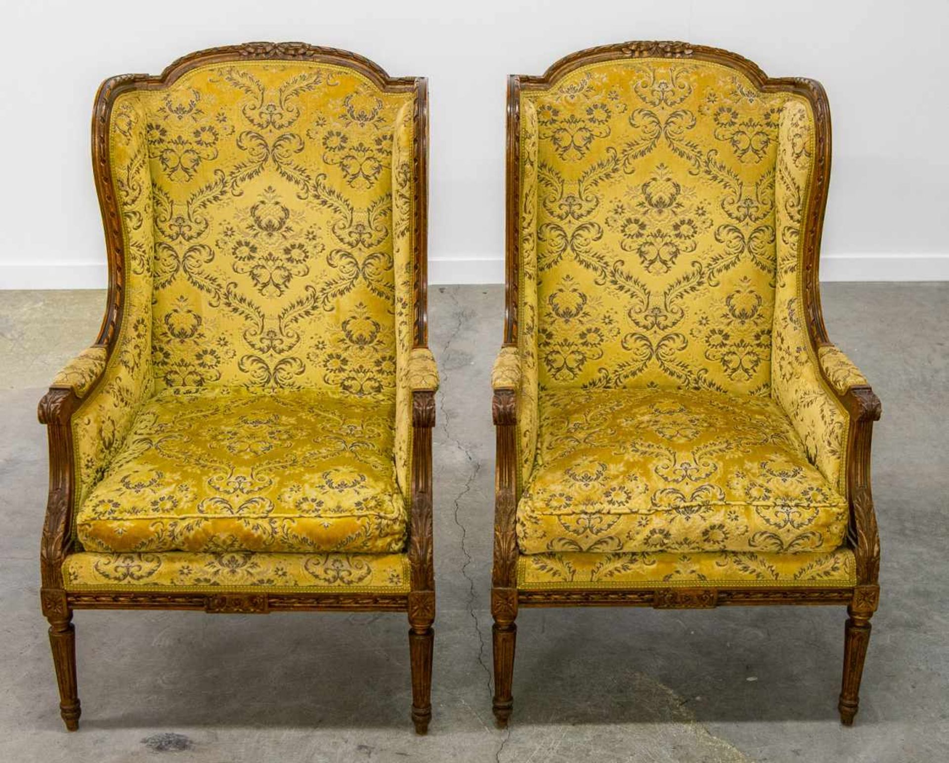 Pair of armchairs with yellow fabric, made in a Louis XVI style, 1920's. Length: 65 cm , Width: 56 - Bild 3 aus 5