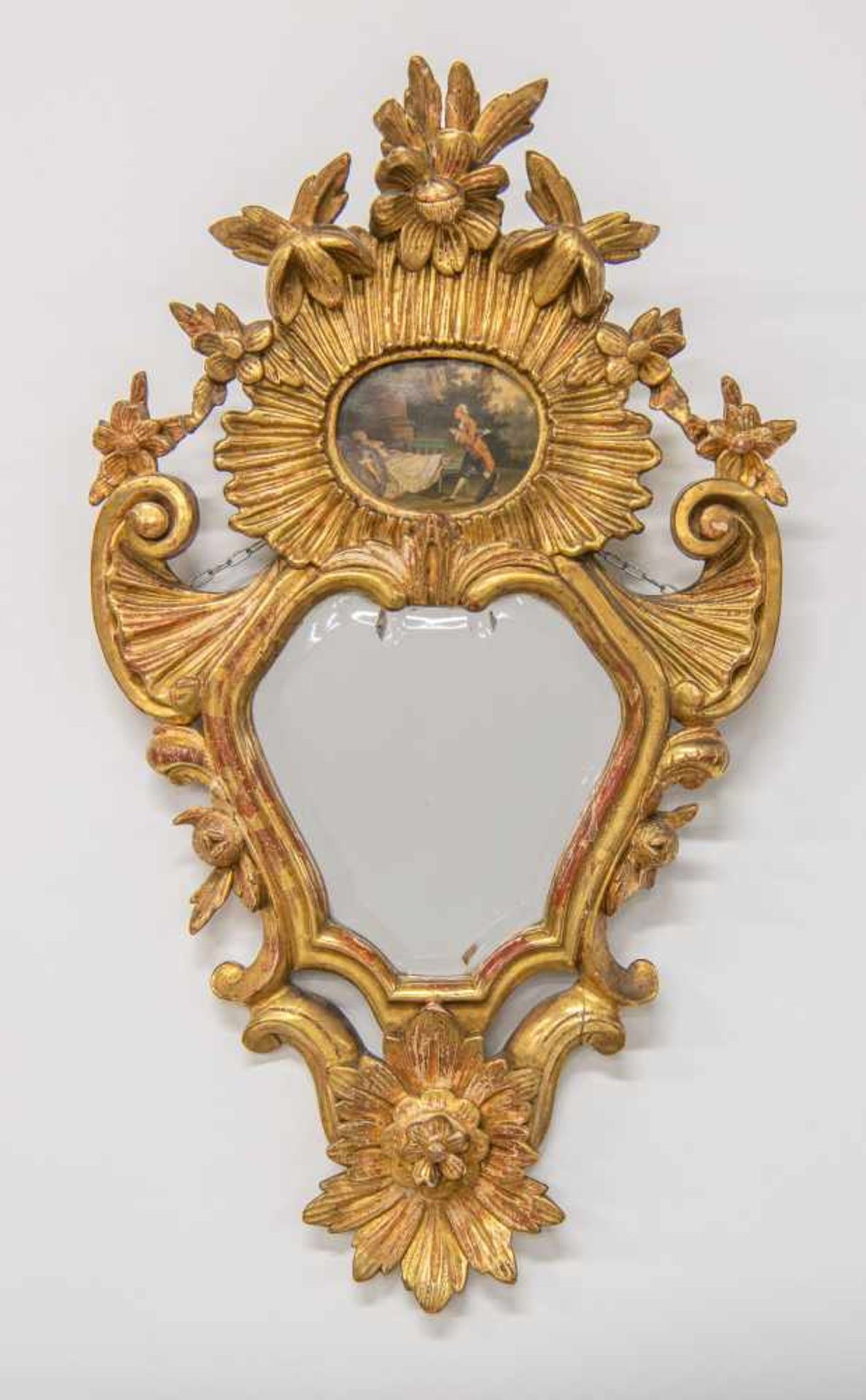 Antique pair of 19th century mirrors, made of sculptured gilt wood with a small painting mounted - Bild 2 aus 7