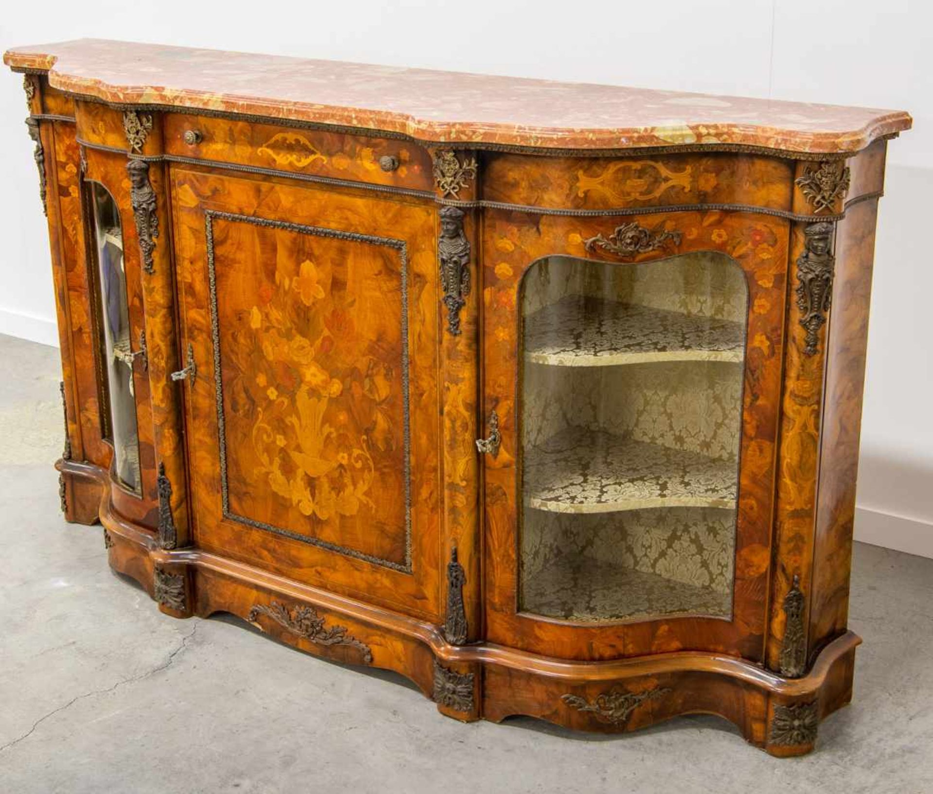 Sideboard with marquetry inlay, marble top and curved glass doors, 1950's Length: 193 cm , Width: 50 - Bild 6 aus 8