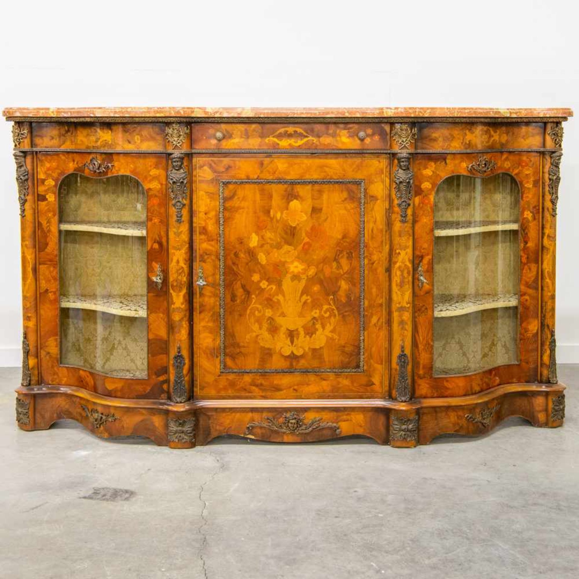 Sideboard with marquetry inlay, marble top and curved glass doors, 1950's Length: 193 cm , Width: 50