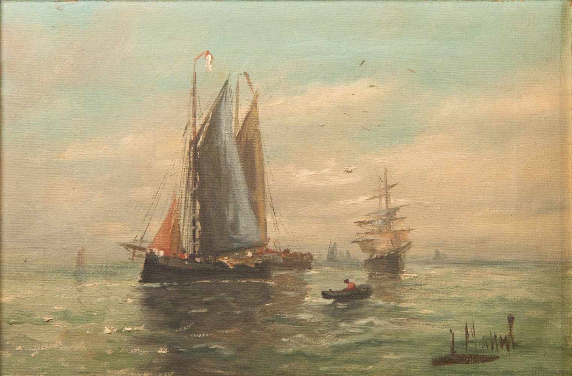 illegibly signed, Harbor View, oil/canvas, Gilt wood frame Length: 0 cm , Width: 45,5 cm, Hight: - Bild 2 aus 4