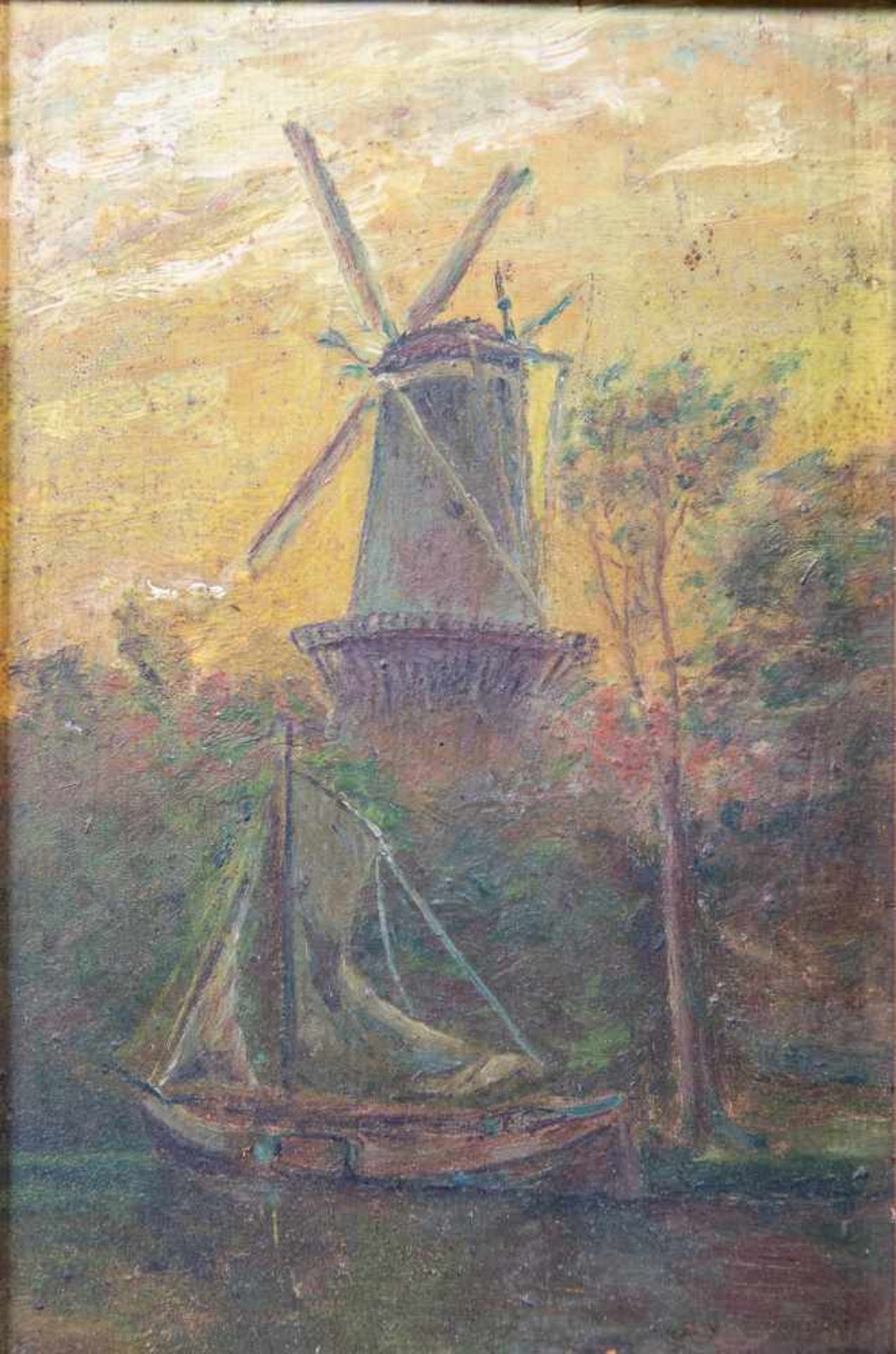 Unsigned, Windmill and ship, Oil/panel, 1907, Gilt wood frame. Length: 0 cm , Width: 32 cm, Hight: - Bild 2 aus 5