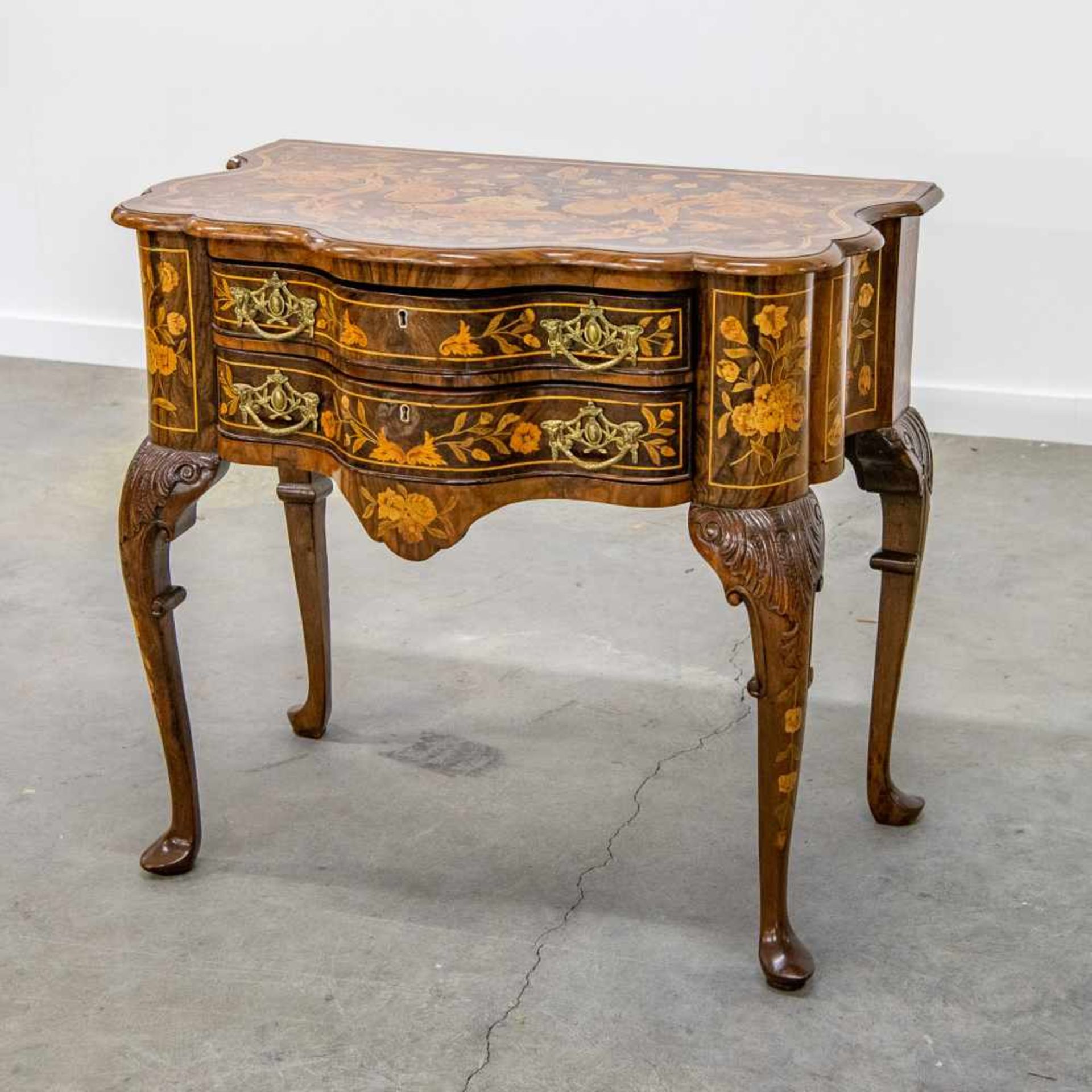 Commode with 2 drawers, marquetry inlay with floral patterns, Holland, 18th Century Length: 82