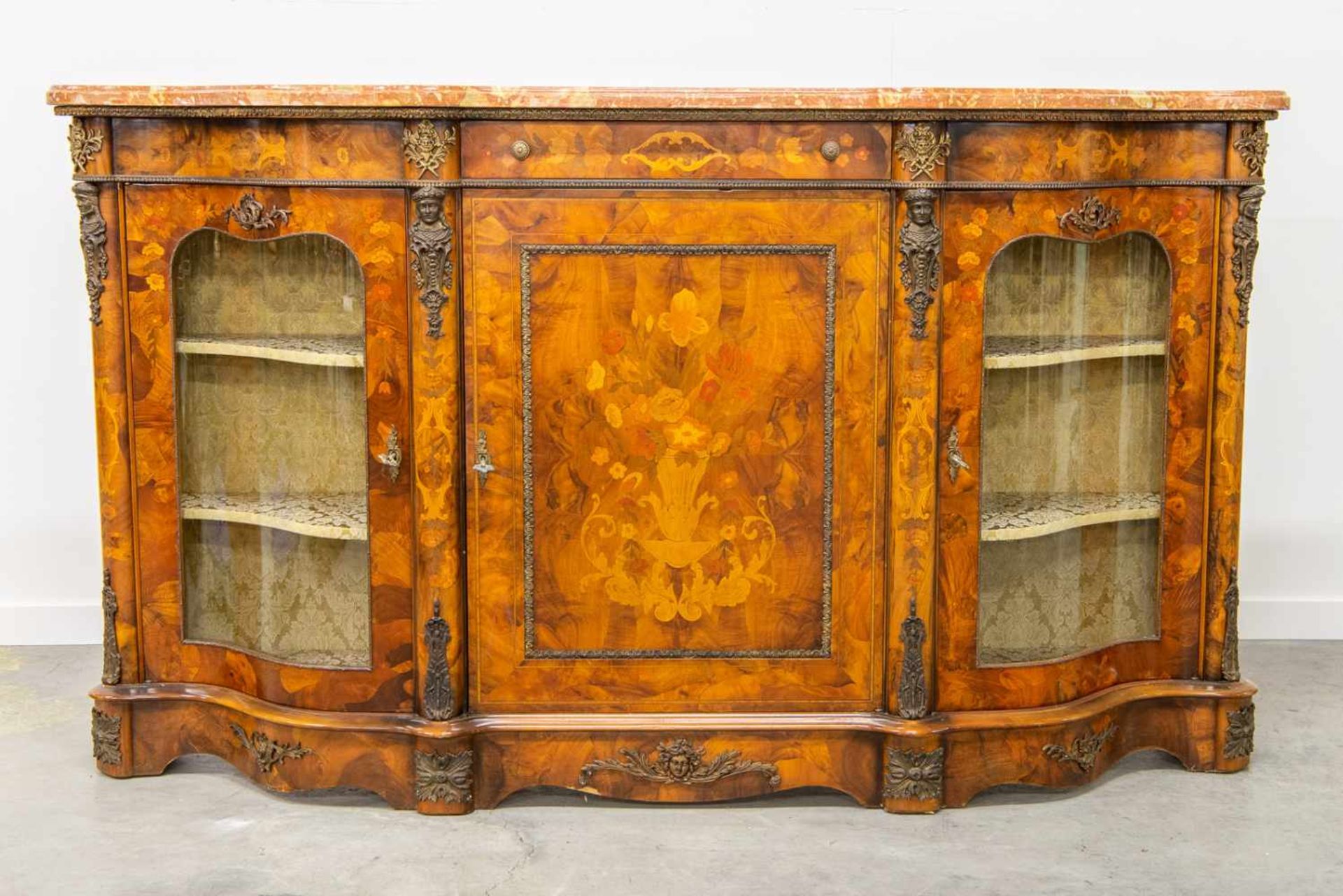 Sideboard with marquetry inlay, marble top and curved glass doors, 1950's Length: 193 cm , Width: 50 - Bild 2 aus 8