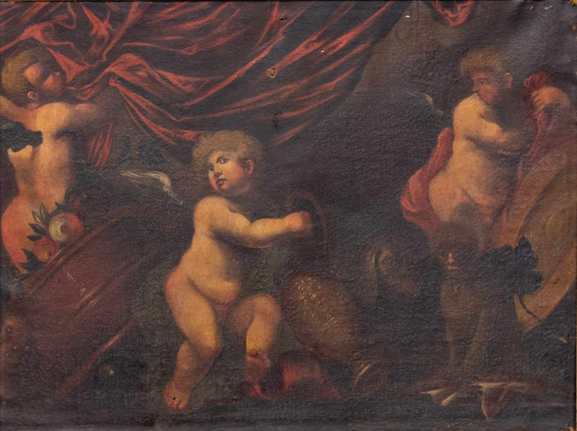 Unsigned, 3 Putti with monkey and dog, Oil/canvas, 18th century Length: 0 cm , Width: 107 cm, Hight: - Bild 2 aus 5