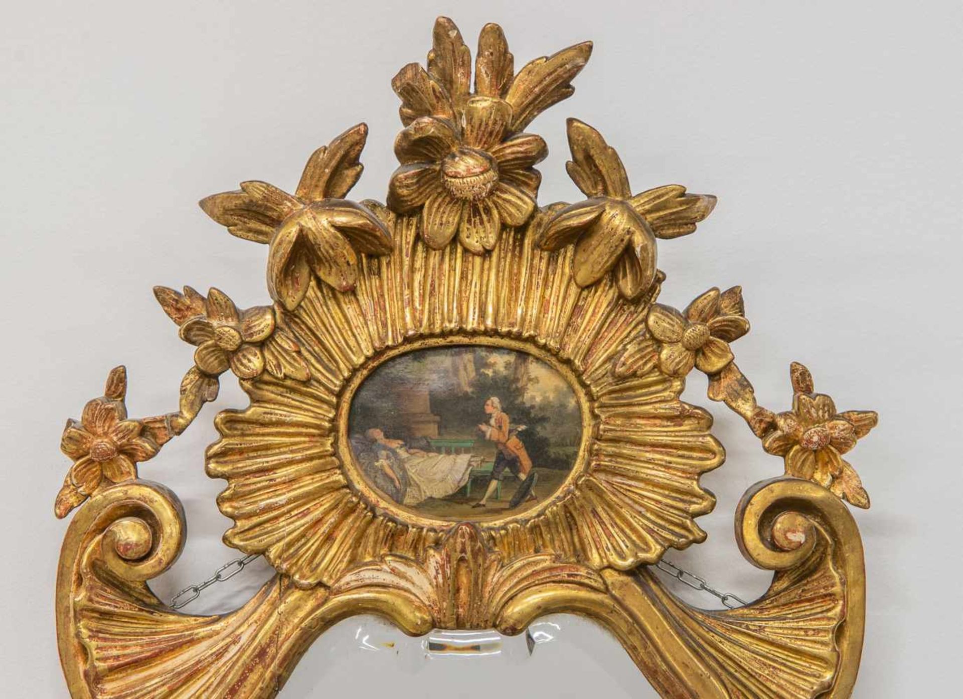 Antique pair of 19th century mirrors, made of sculptured gilt wood with a small painting mounted - Bild 3 aus 7