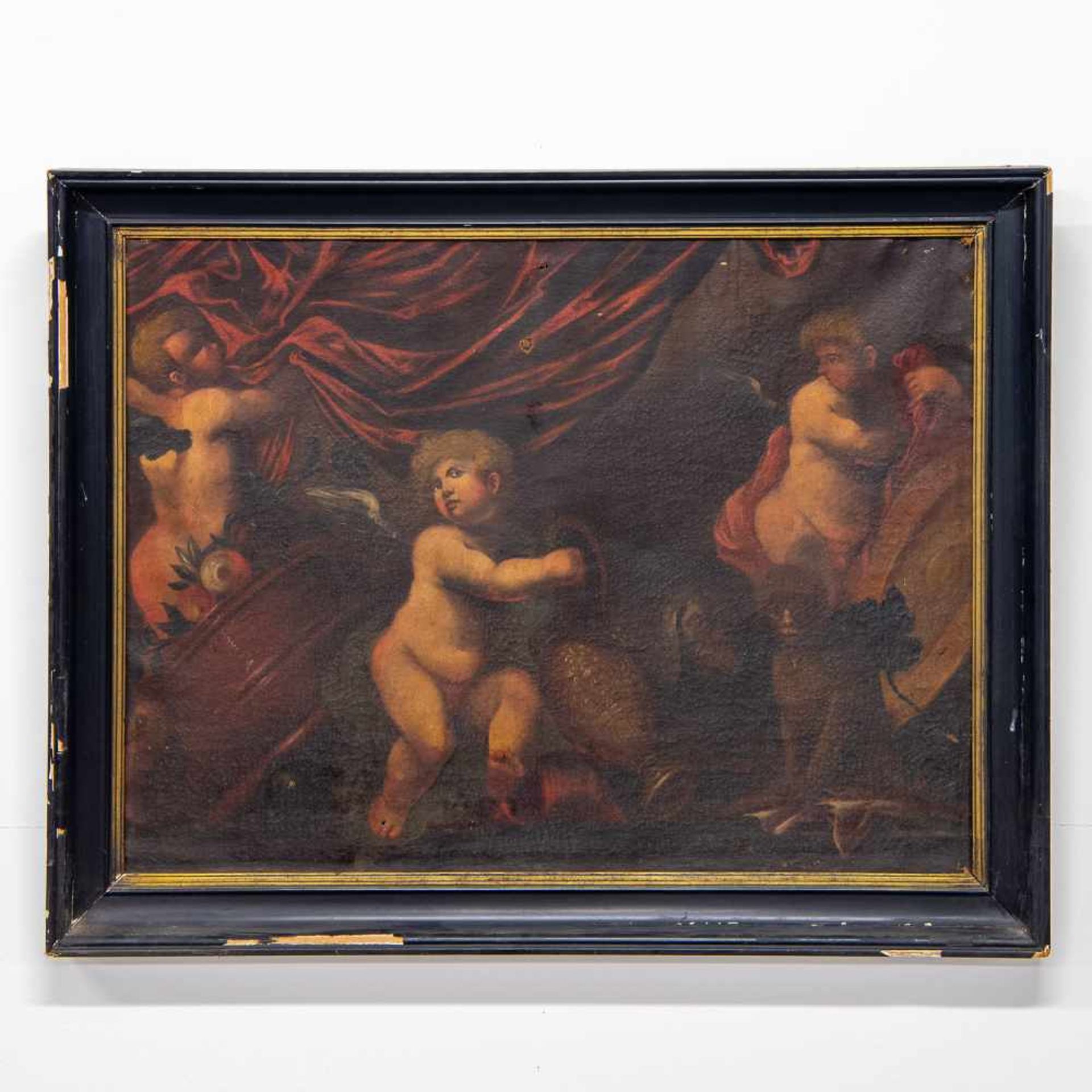 Unsigned, 3 Putti with monkey and dog, Oil/canvas, 18th century Length: 0 cm , Width: 107 cm, Hight: