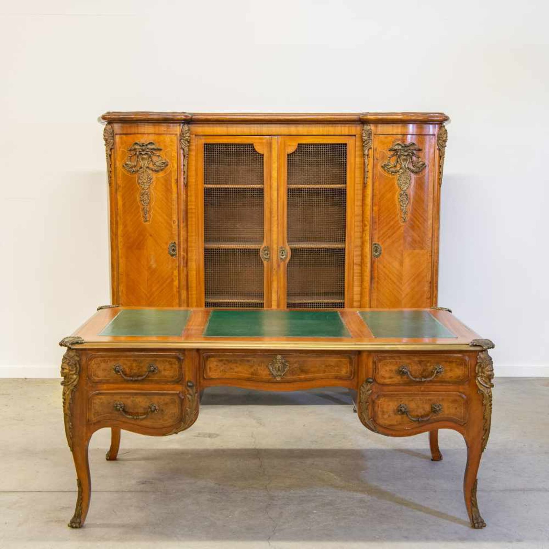 Bronze mounted Desk set, Library and desk, around 1920. Length: 222 cm , Width: 58 cm, Hight: 180