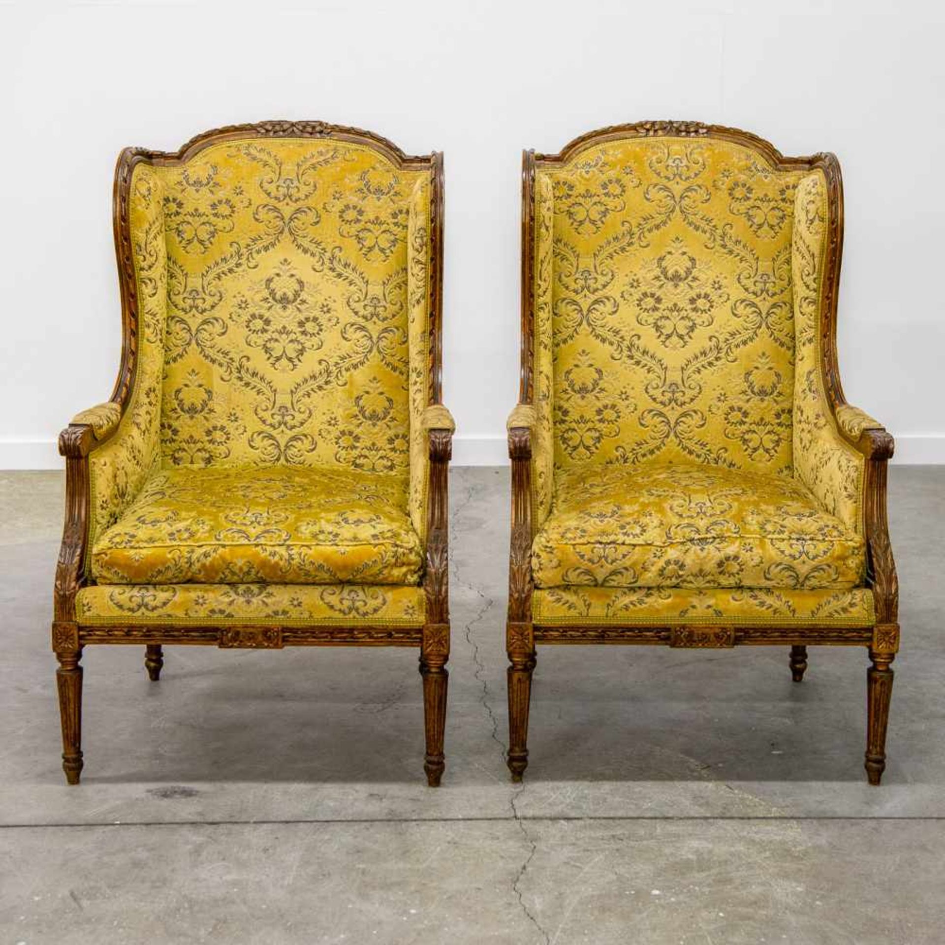 Pair of armchairs with yellow fabric, made in a Louis XVI style, 1920's. Length: 65 cm , Width: 56