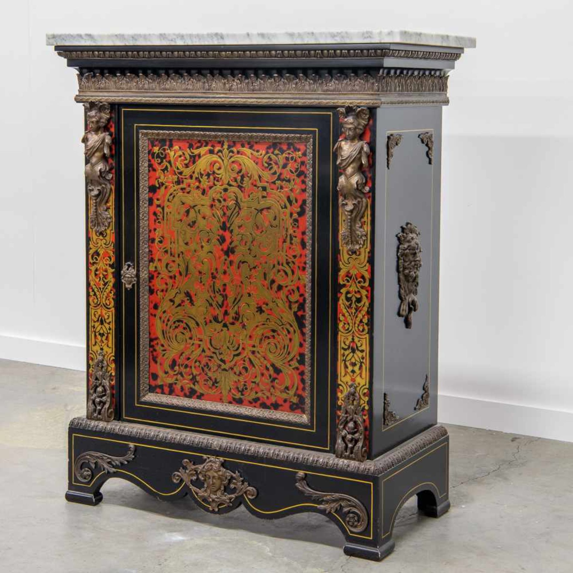 1970's Boulle cabinet, mounted with bronze and marble top. Length: 85 cm , Width: 40 cm, Hight: - Bild 3 aus 6