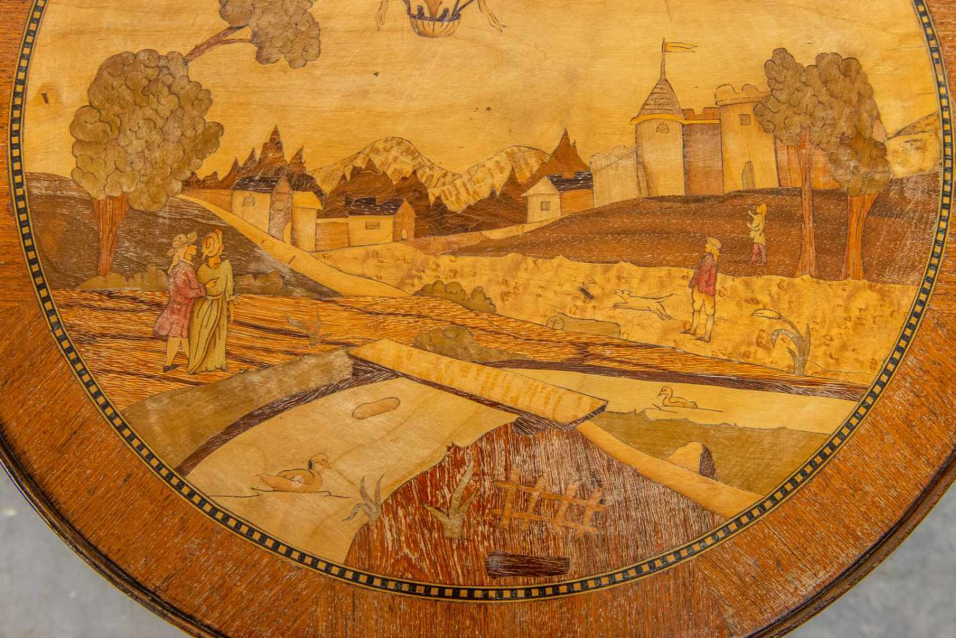 Maître DUBOISAntique game table, decorated with a marquetry 'Mongolfier' balloon and landscape and a - Bild 5 aus 9