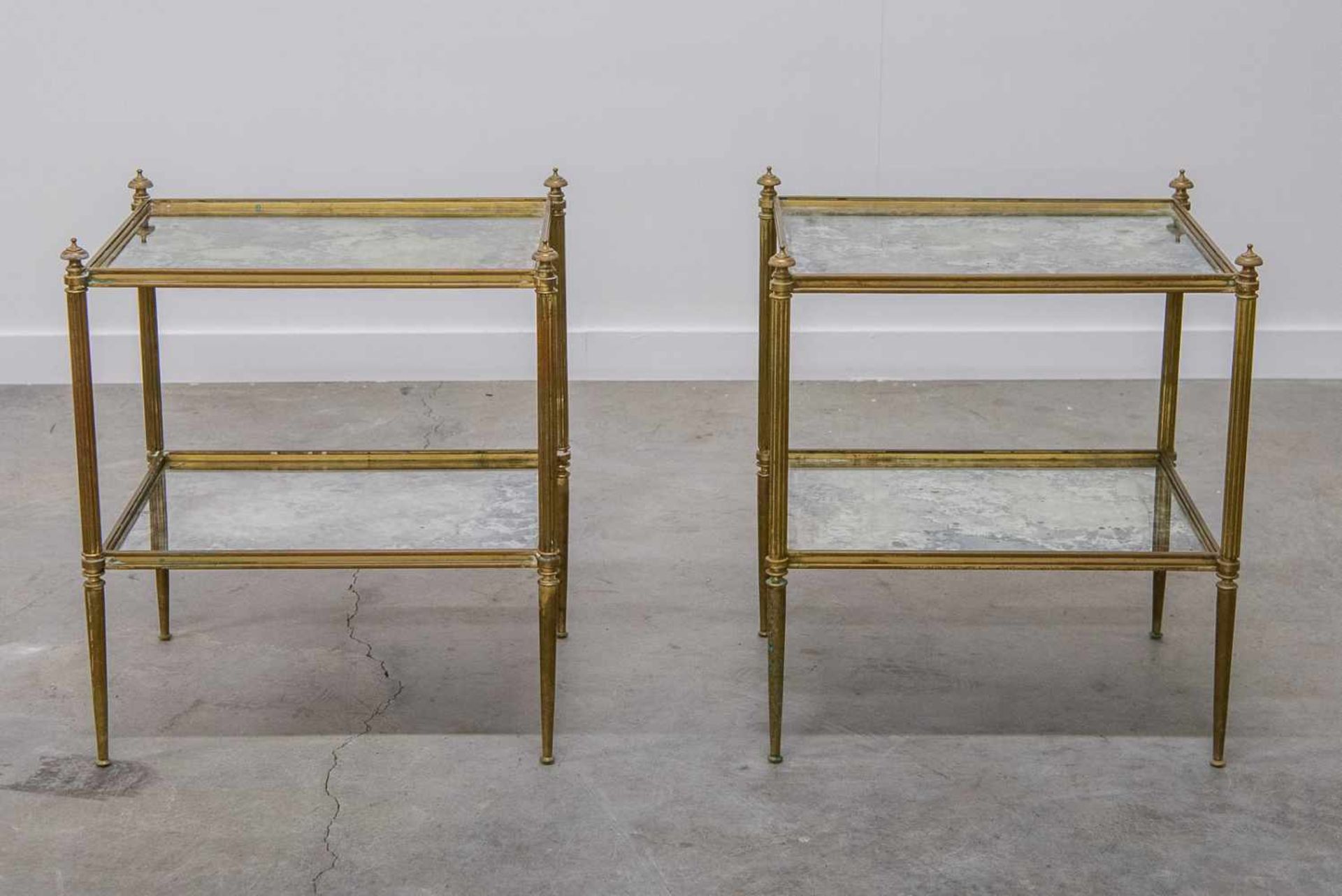 Pair side tables, mirrored glass and brass. 1960-1970. Length: 50 cm , Width: 40 cm, Hight: 57 cm,