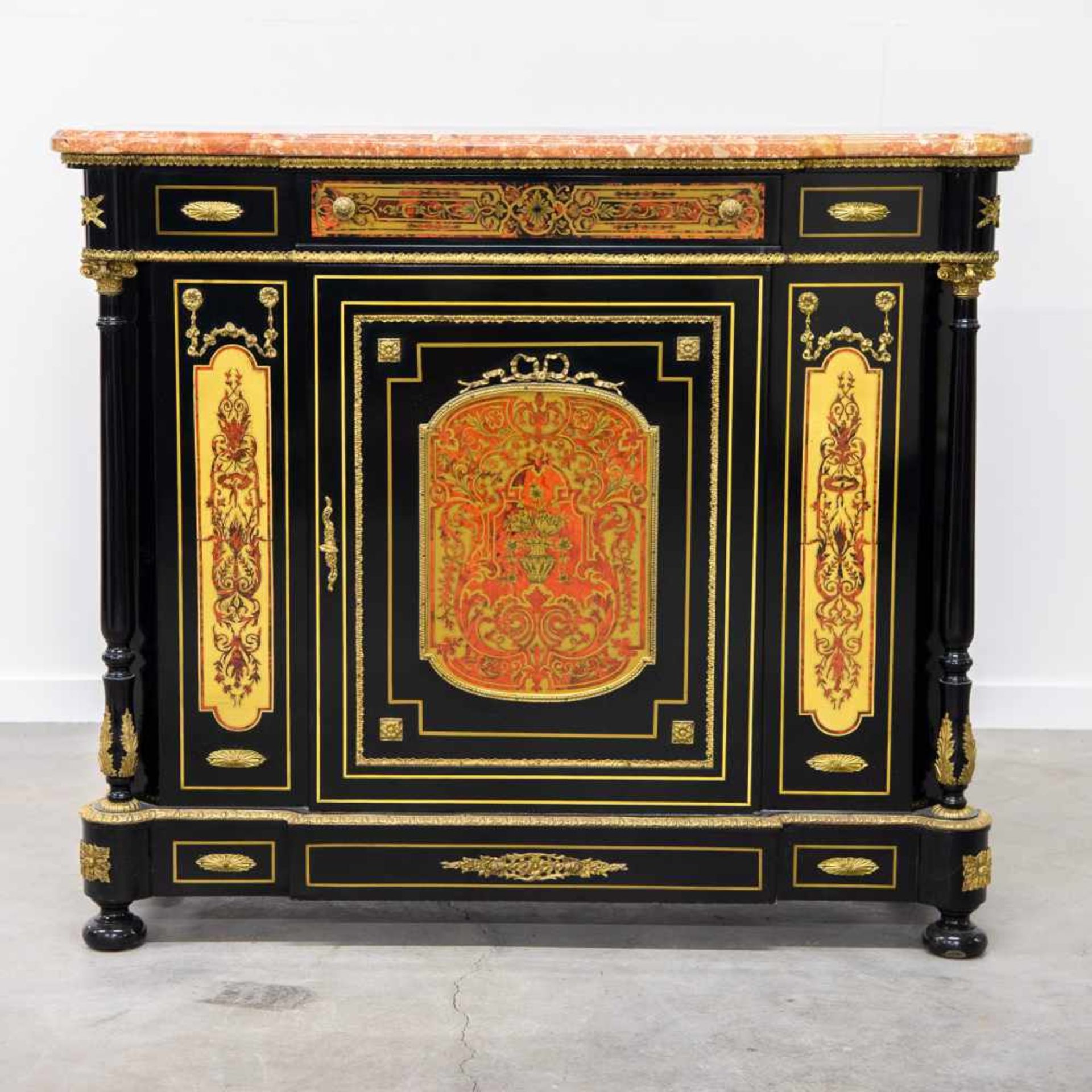 Boulle sideboard, marble top and mounted bronze. 1970 Length: 130 cm , Width: 41 cm, Hight: 111