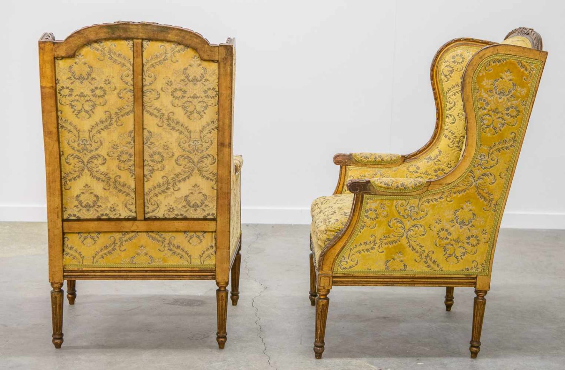 Pair of armchairs with yellow fabric, made in a Louis XVI style, 1920's. Length: 65 cm , Width: 56 - Bild 4 aus 5