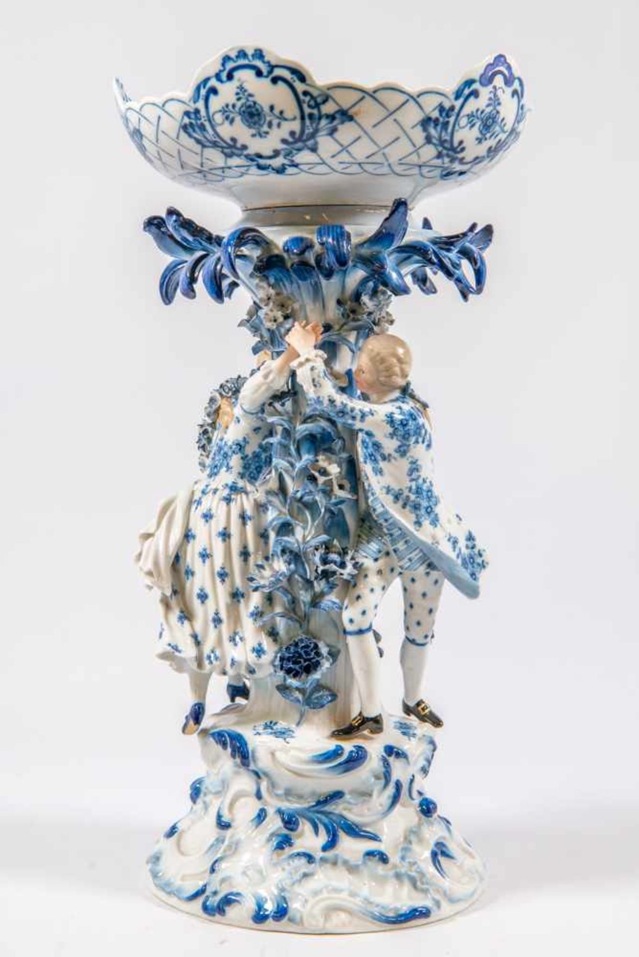 Table centrepiece, with a male and female figurine running around a flower decorated tree, marked - Image 9 of 15
