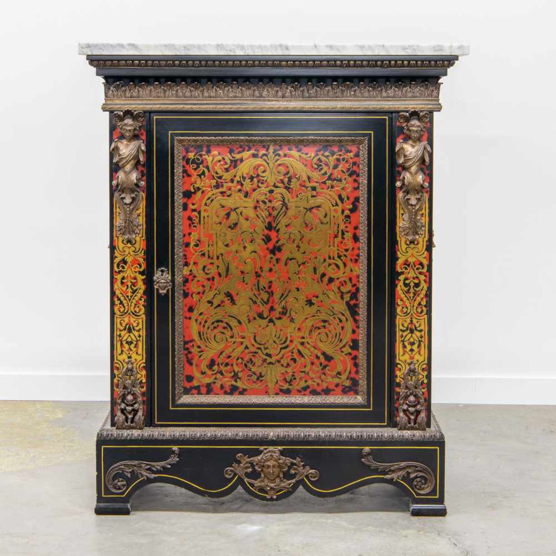 1970's Boulle cabinet, mounted with bronze and marble top. Length: 85 cm , Width: 40 cm, Hight: