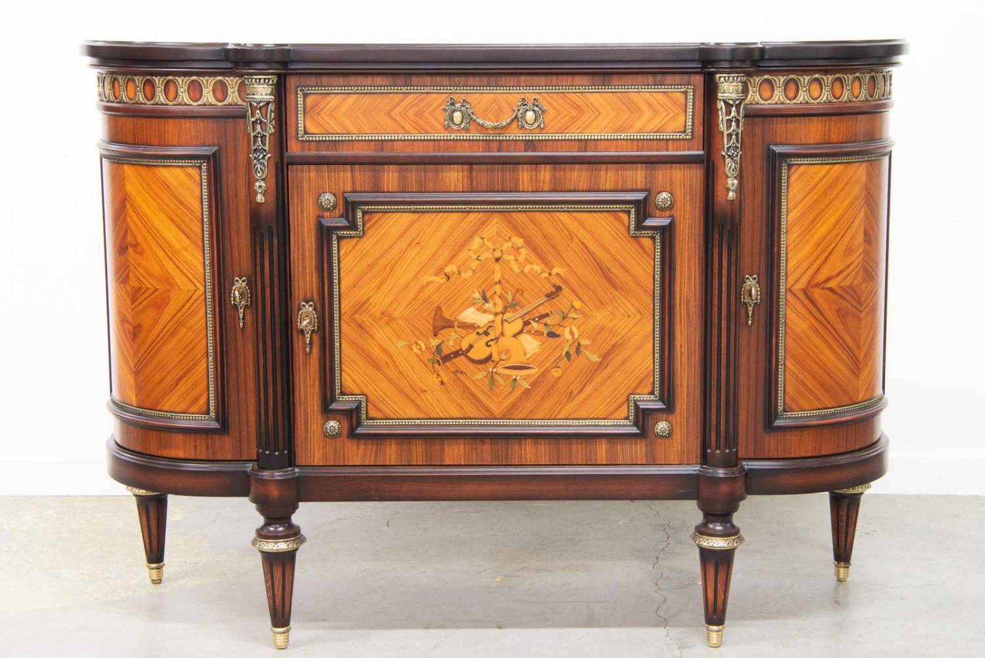 Commode made with marquetry decor. Made around 1970. Length: 99 cm , Width: 47 cm, Hight: 131 cm,