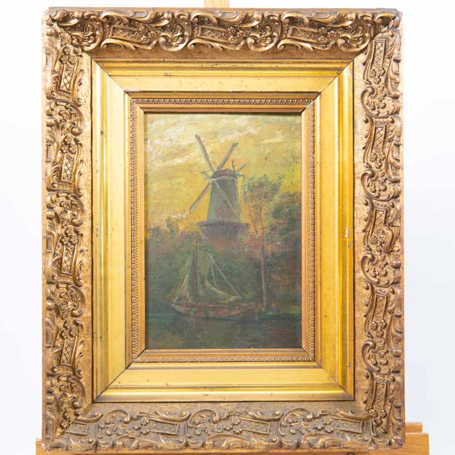 Unsigned, Windmill and ship, Oil/panel, 1907, Gilt wood frame. Length: 0 cm , Width: 32 cm, Hight: