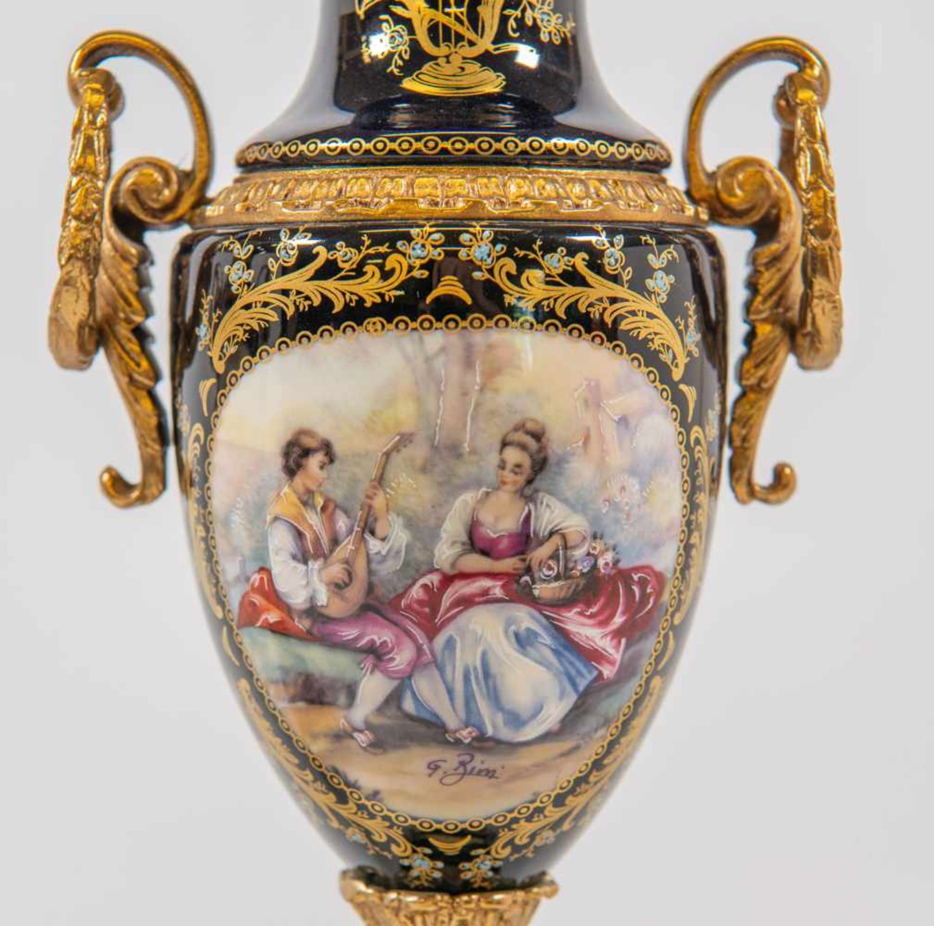 A.C.F. Decor de Sèvres, Pair of young vases, handpainted decor signed G. Rimi, bronze mounted. - Image 4 of 7
