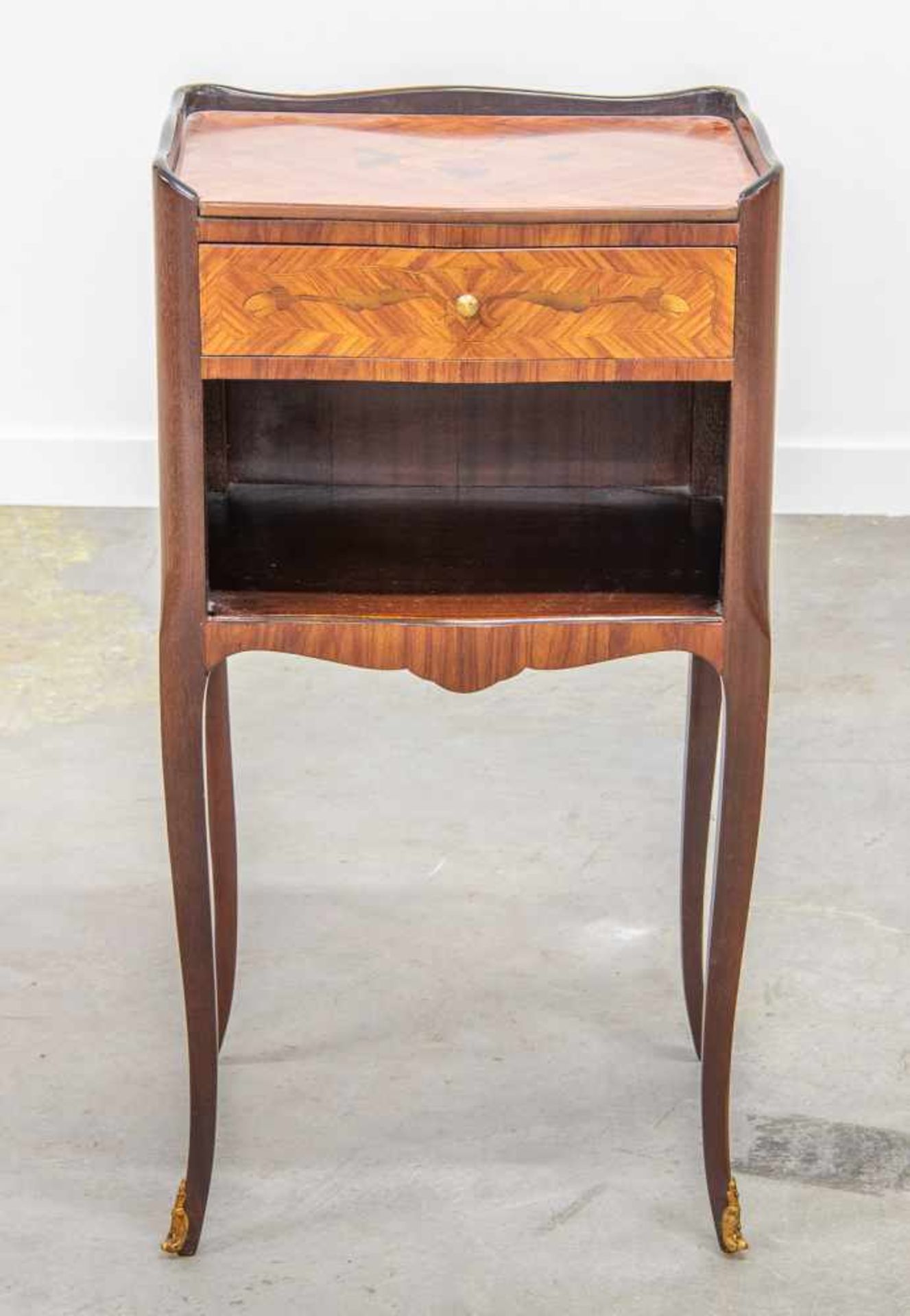 Marquetry inlay night stand with drawer. 1970 Length: 38 cm , Width: 30 cm, Hight: 72 cm,