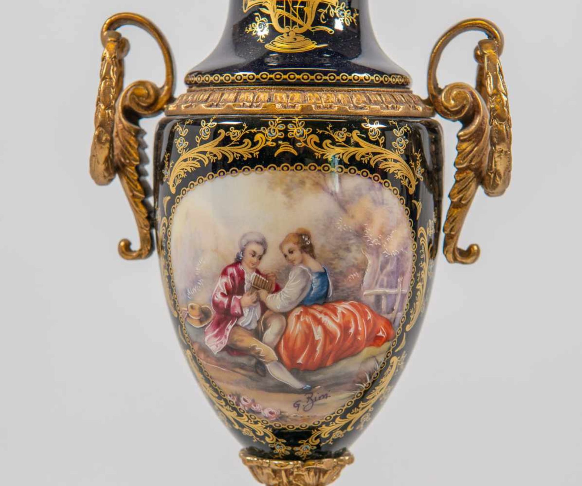 A.C.F. Decor de Sèvres, Pair of young vases, handpainted decor signed G. Rimi, bronze mounted. - Image 5 of 7