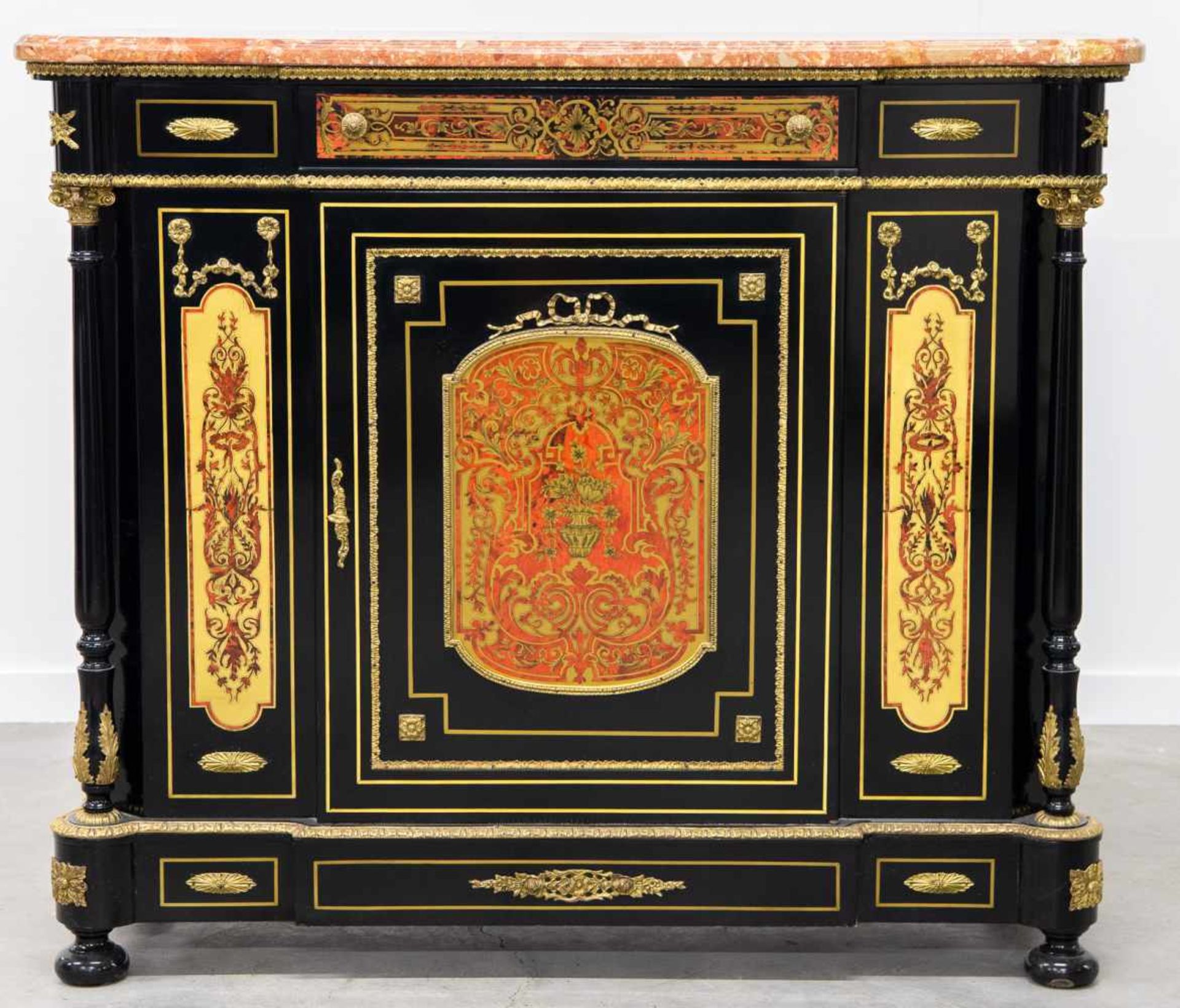 Boulle sideboard, marble top and mounted bronze. 1970 Length: 130 cm , Width: 41 cm, Hight: 111 - Bild 2 aus 7