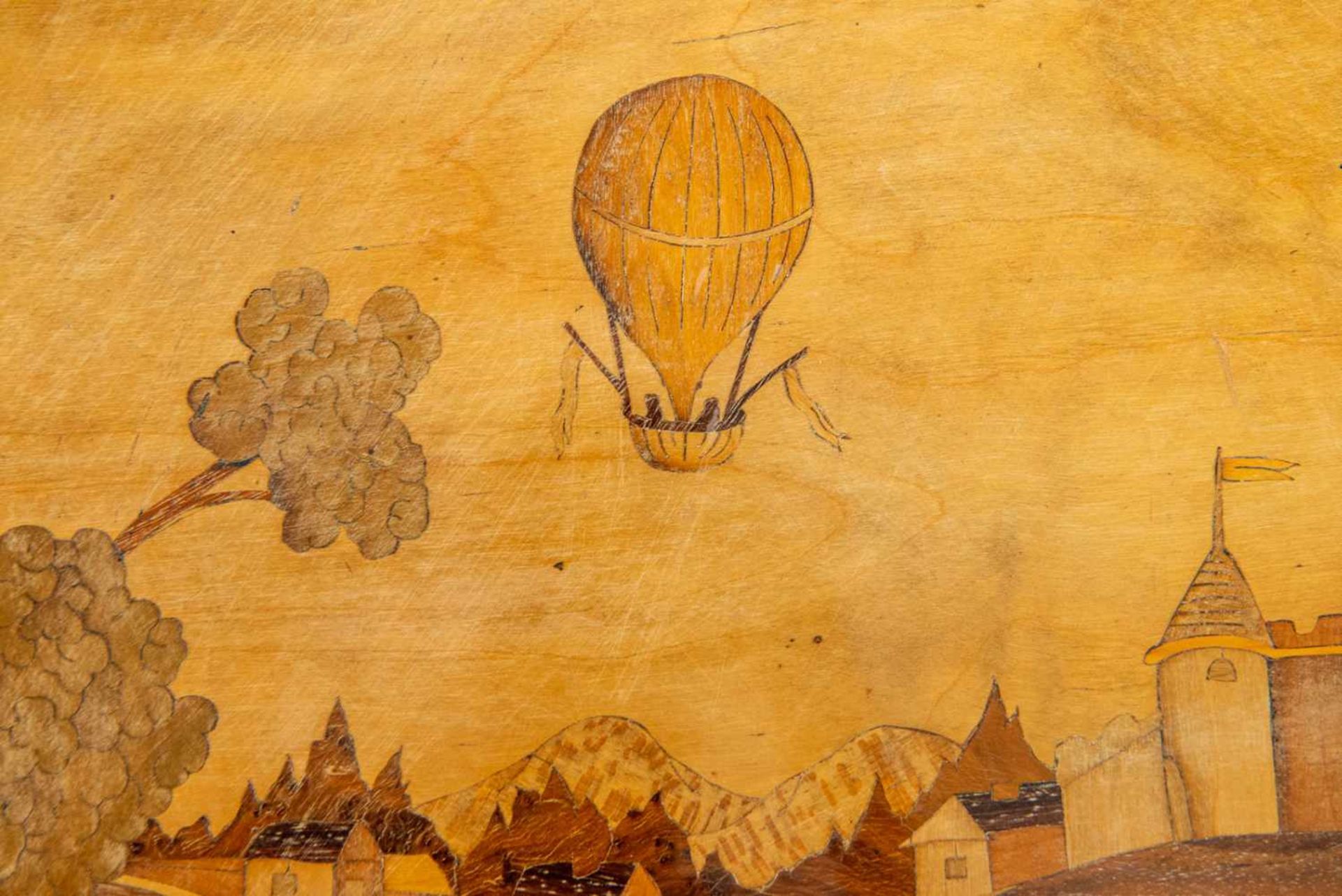 Maître DUBOISAntique game table, decorated with a marquetry 'Mongolfier' balloon and landscape and a - Bild 4 aus 9