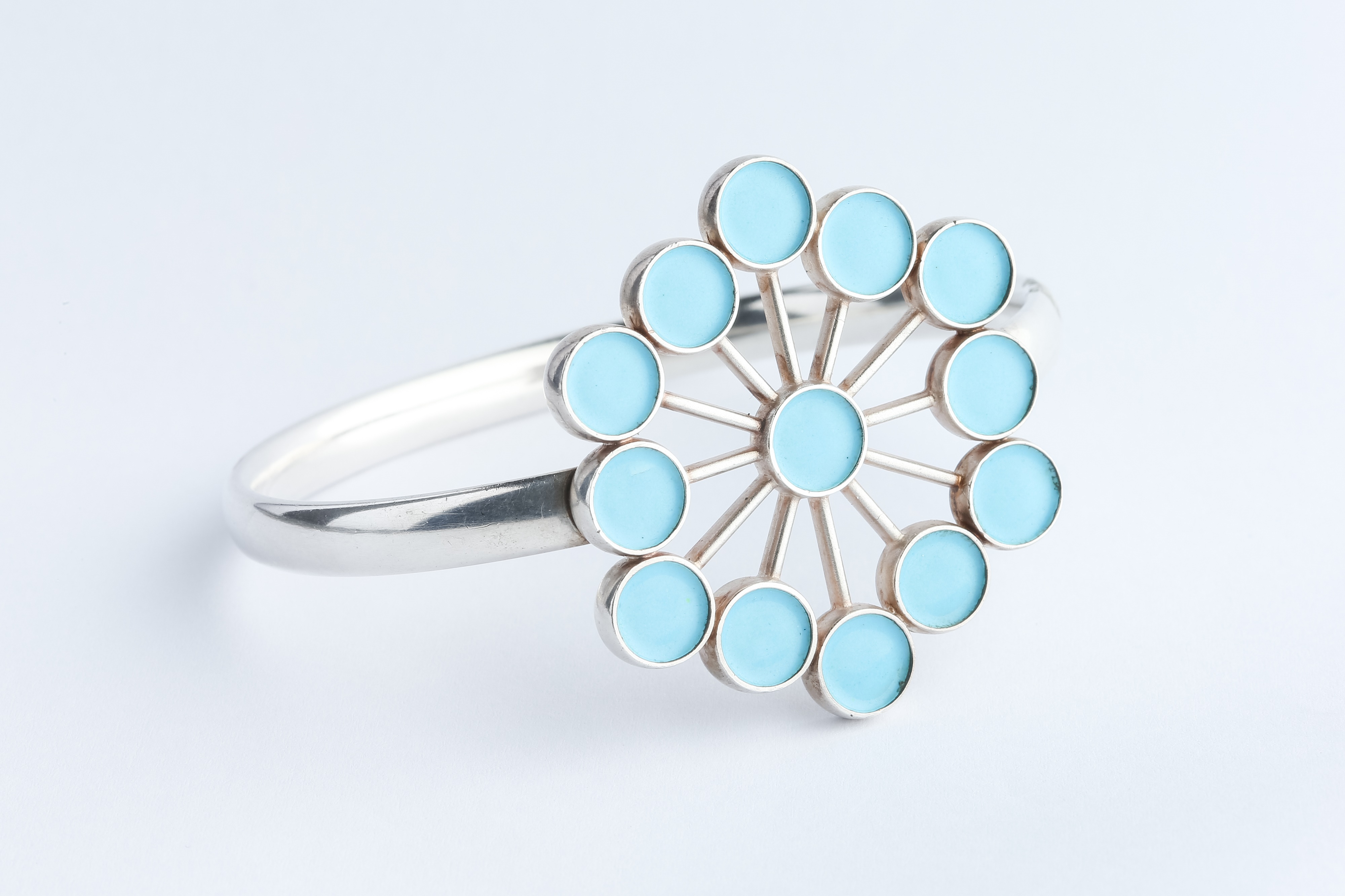 An Astrid Fog for Georg Jensen Silver & Powder Blue Enamel Flower Bangle Bracelet, - Image 3 of 5
