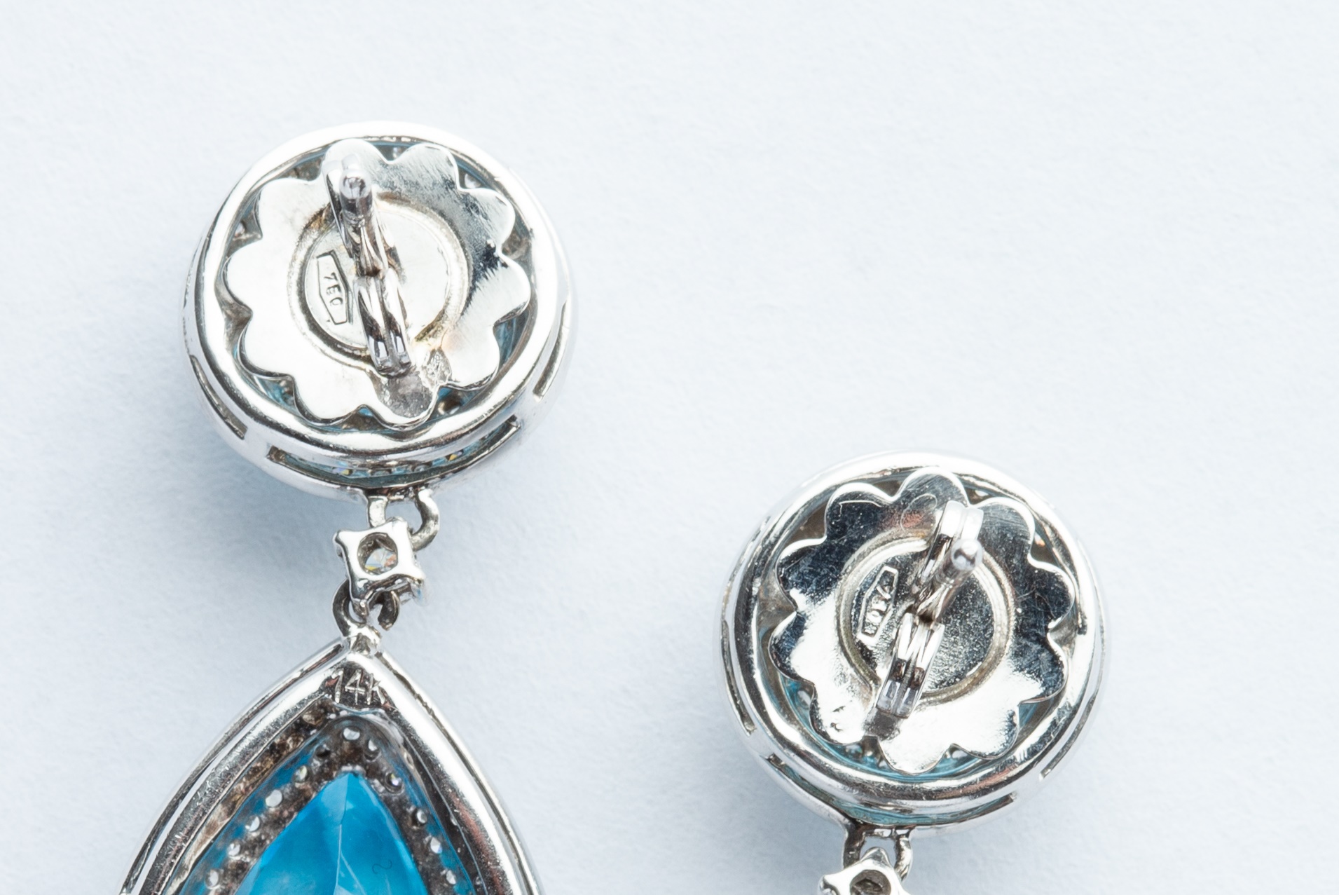 A Pair of 14ct White Gold Blue Topaz & Diamond Drop Earrings, - Image 3 of 4