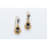 A Pair of Yellow Metal Black Banded Agate Drop Earrings,