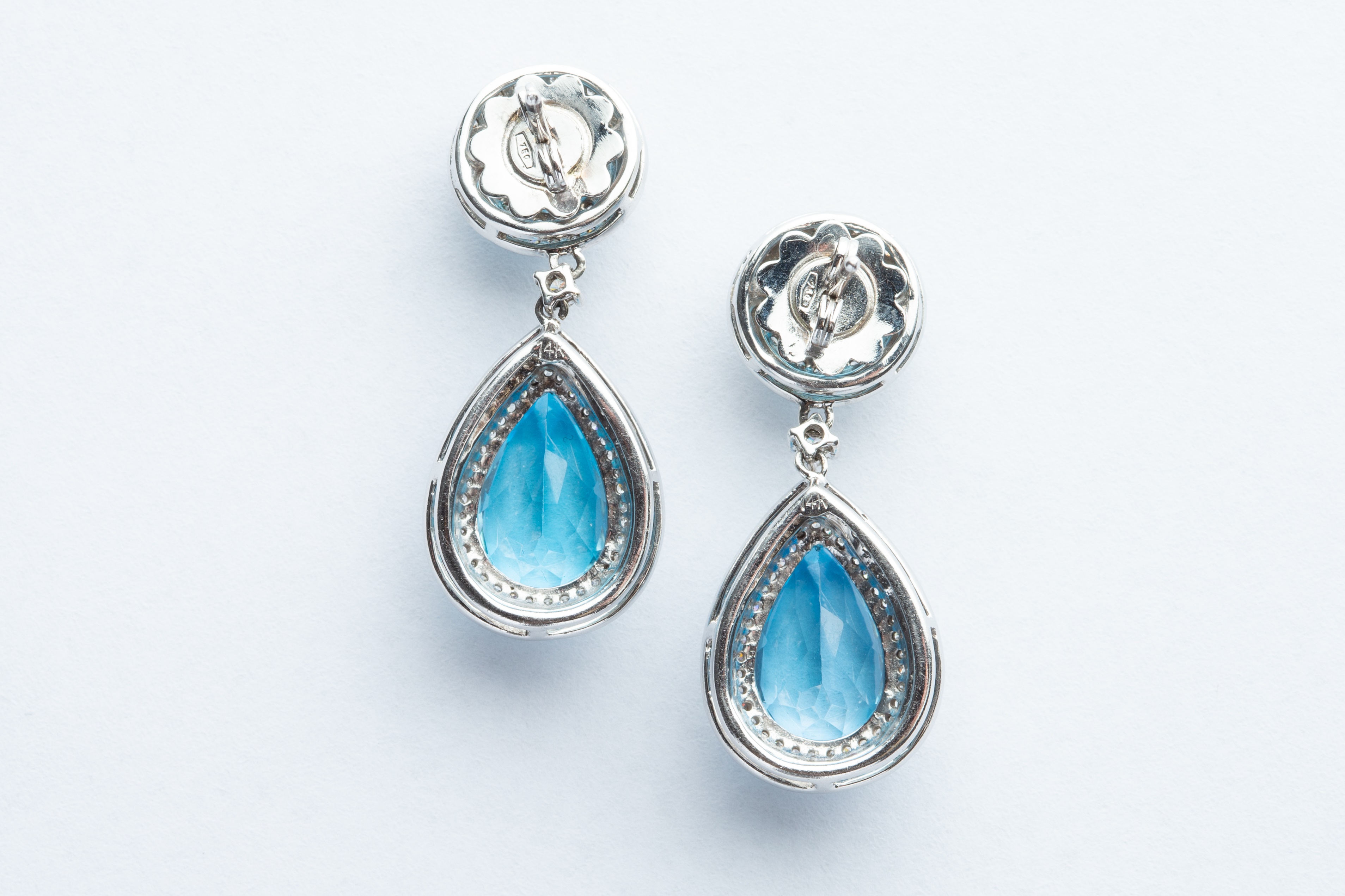 A Pair of 14ct White Gold Blue Topaz & Diamond Drop Earrings, - Image 2 of 4