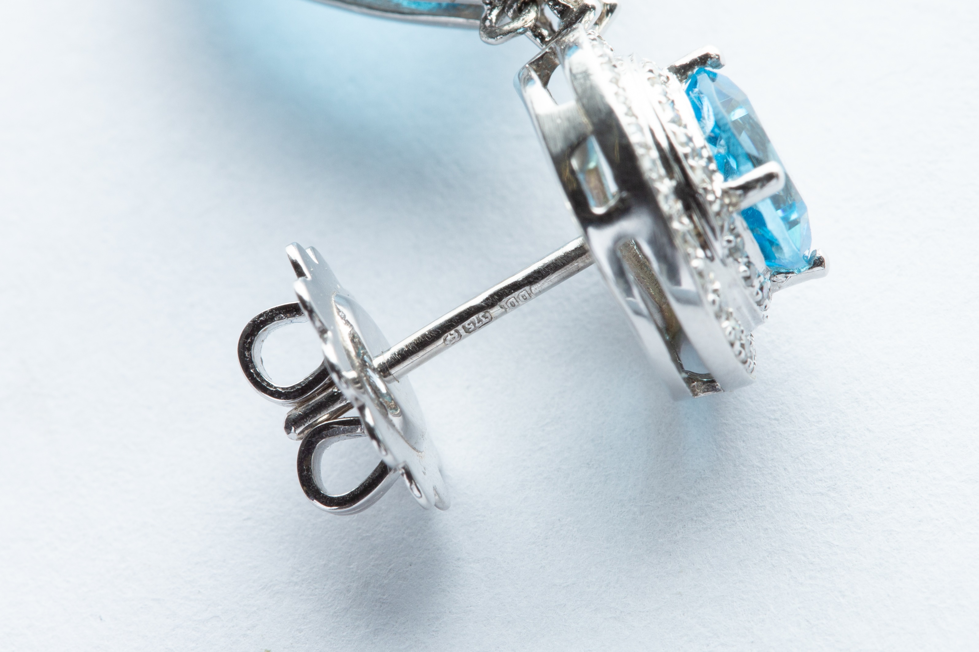 A Pair of 14ct White Gold Blue Topaz & Diamond Drop Earrings, - Image 4 of 4